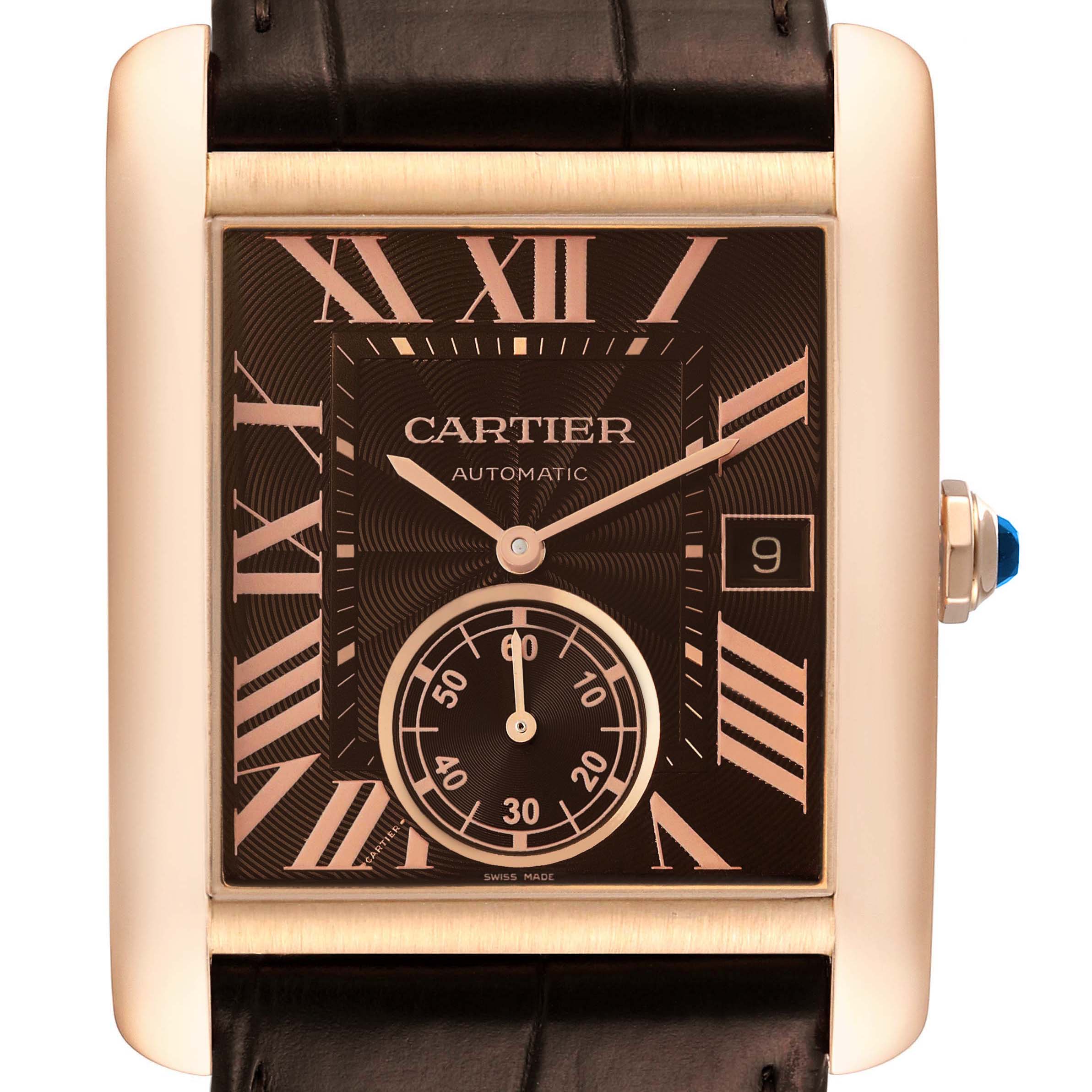 The Cartier Tank MC W5330002 Men's Rose Gold Brown Dial W5330002 Men's Rose Gold Brown Dial watch is shown from the front, highlighting the dial, Roman numerals, subdial, and date window.