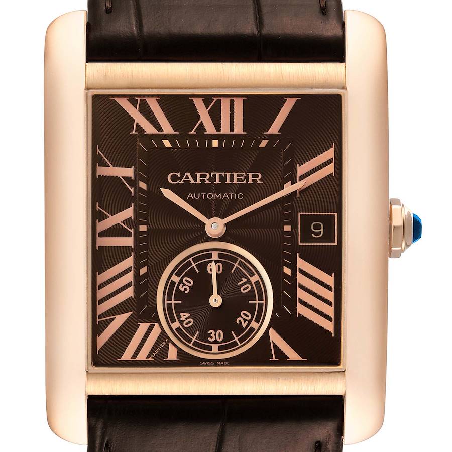 The Cartier Tank MC watch is shown from the front, highlighting the dial, Roman numerals, subdial, and date window.