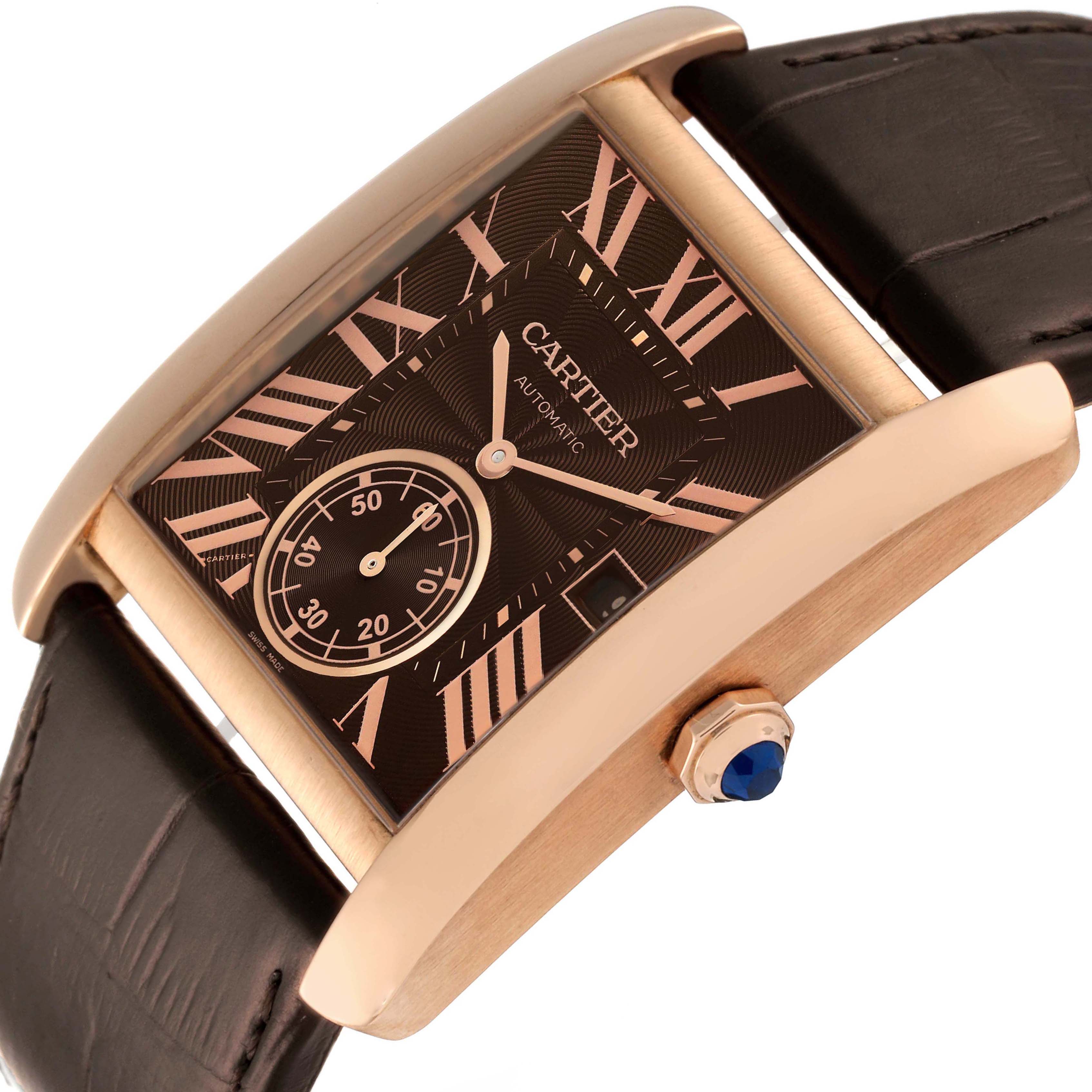 The Cartier Tank MC W5330002 Men's Rose Gold Brown Dial W5330002 Men's Rose Gold Brown Dial watch is shown at an angle highlighting the face, crown, and part of the strap.