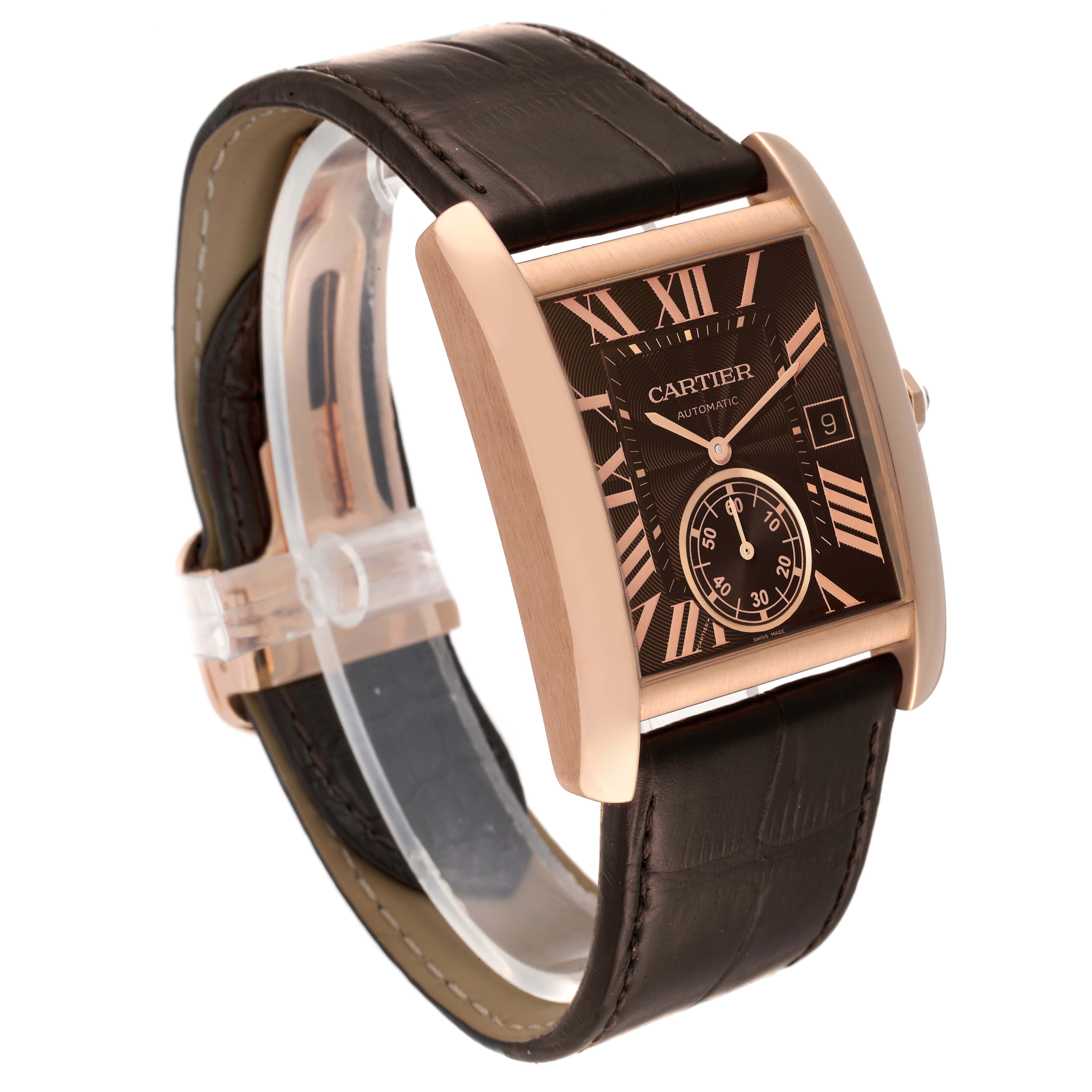 The Cartier Tank MC W5330002 Men's Rose Gold Brown Dial W5330002 Men's Rose Gold Brown Dial watch is shown at a three-quarter angle, displaying the dial, case, and leather strap.