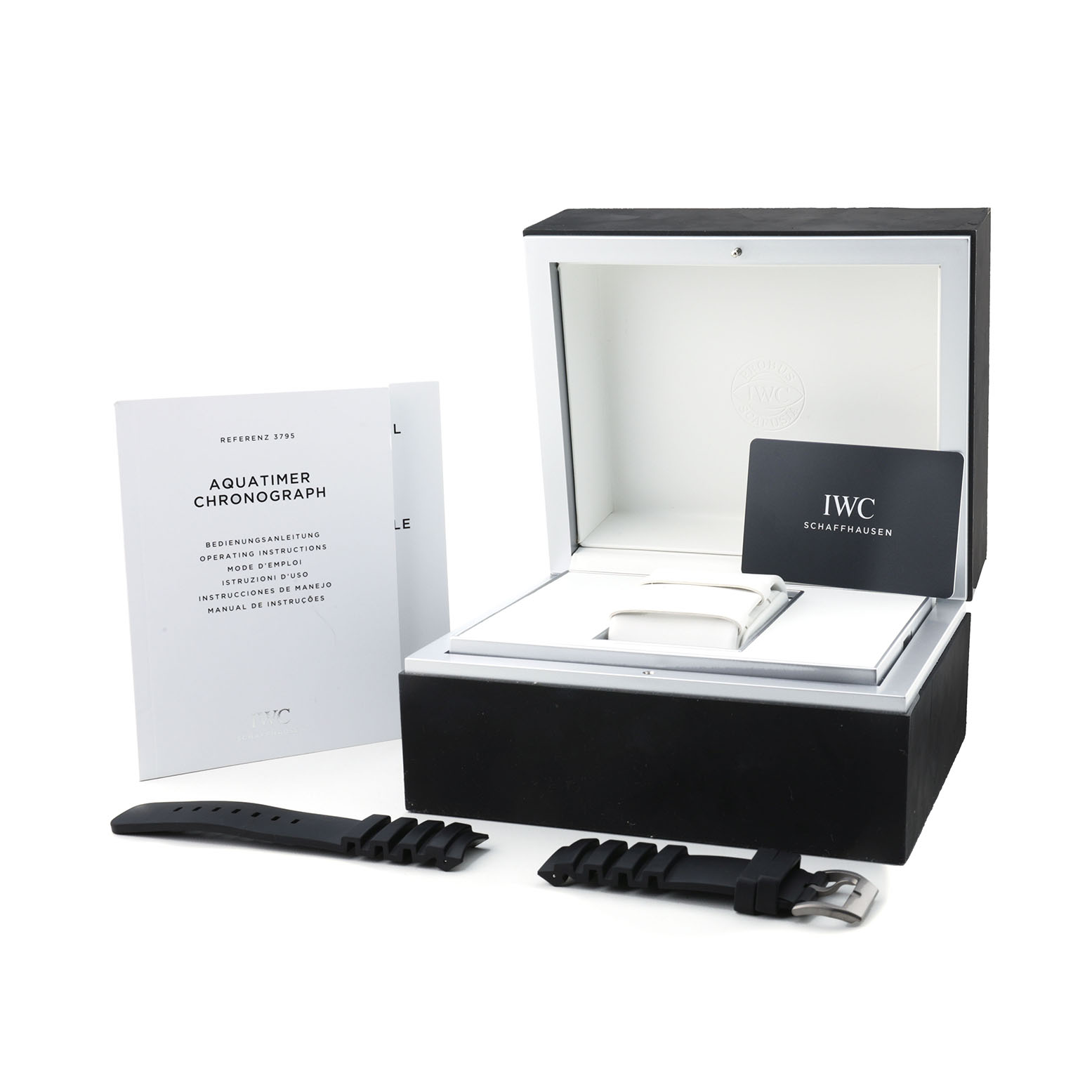 The image shows an IWC Aquatimer IW379507 Men's Stainless Steel Blue Dial box, additional straps, a manual, and a warranty card from a front angle.