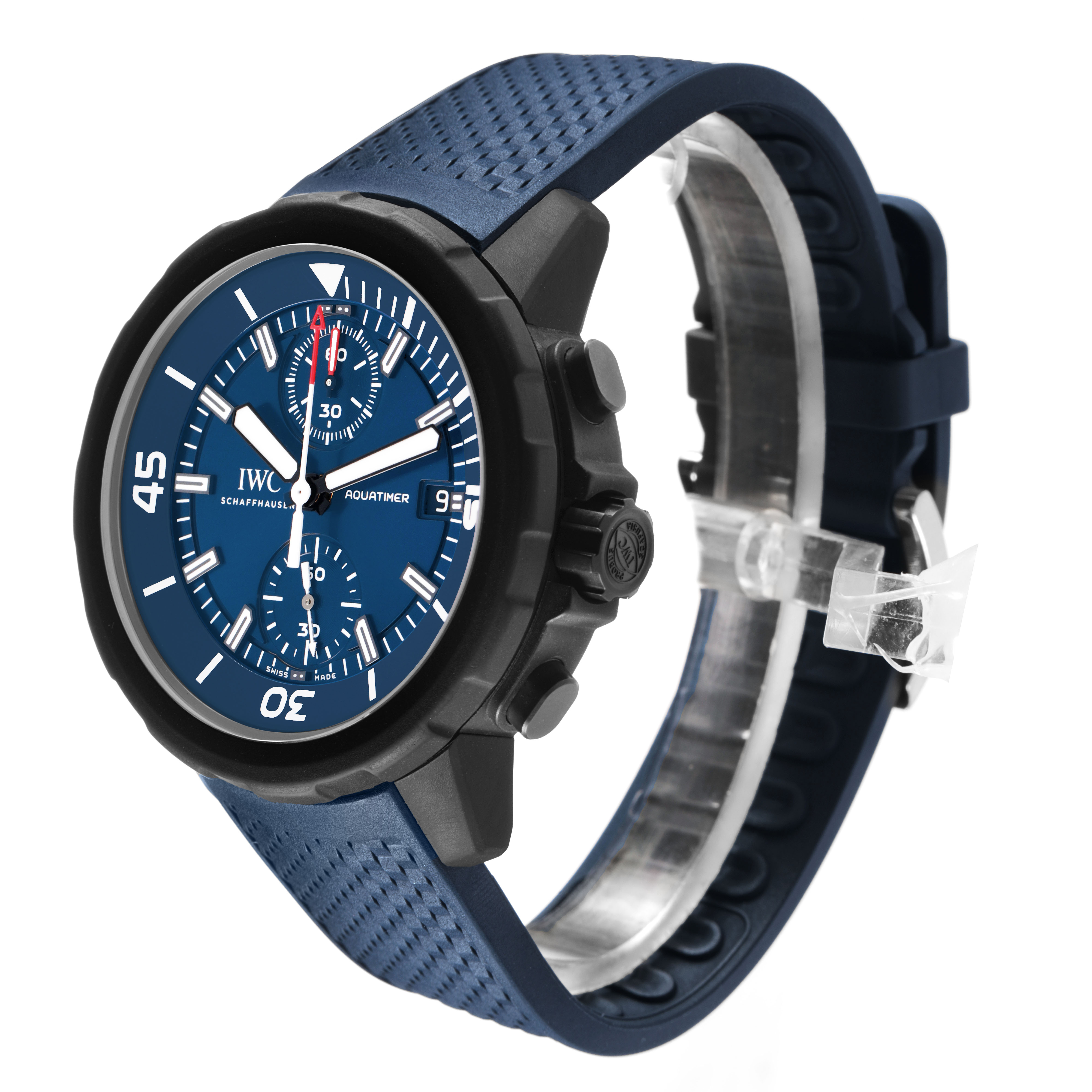 The IWC Aquatimer IW379507 Men's Stainless Steel Blue Dial watch is shown at a slight angle, displaying the face, bezel, crown, and blue strap.