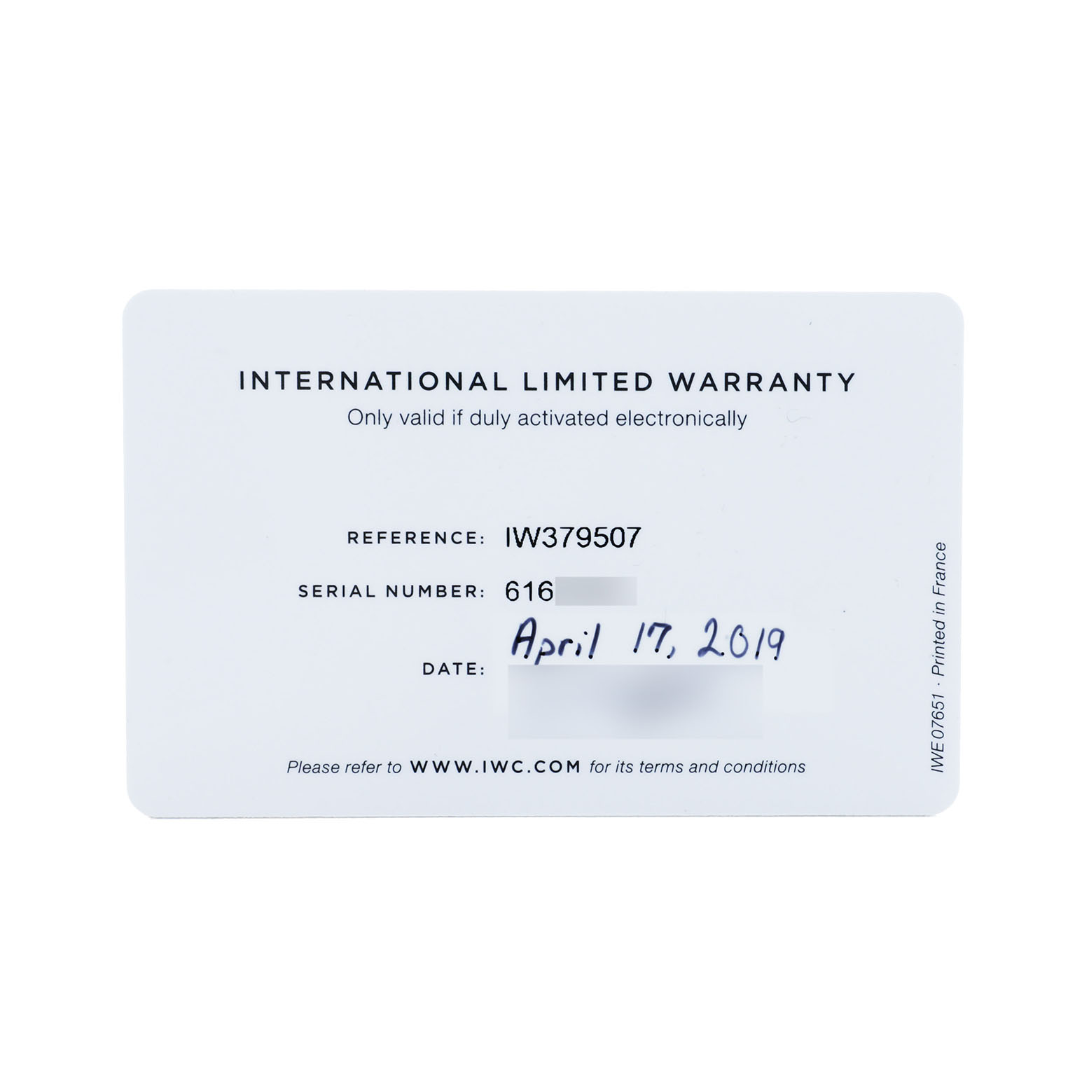 The image shows an IWC Aquatimer IW379507 Men's Stainless Steel Blue Dial model's international limited warranty card.