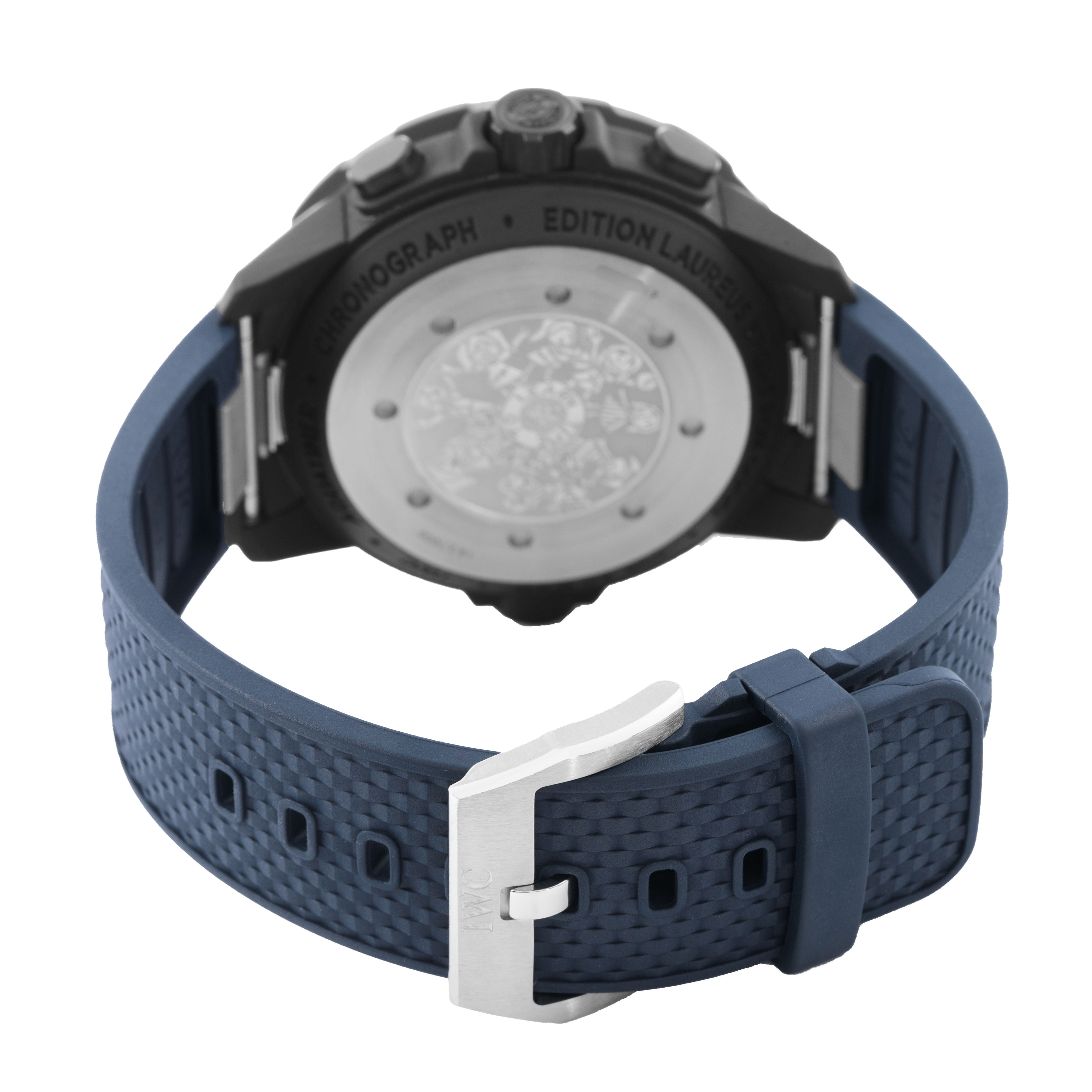 The IWC Aquatimer IW379507 Men's Stainless Steel Blue Dial watch is shown from the back, displaying the case back and blue rubber strap with a clasp.