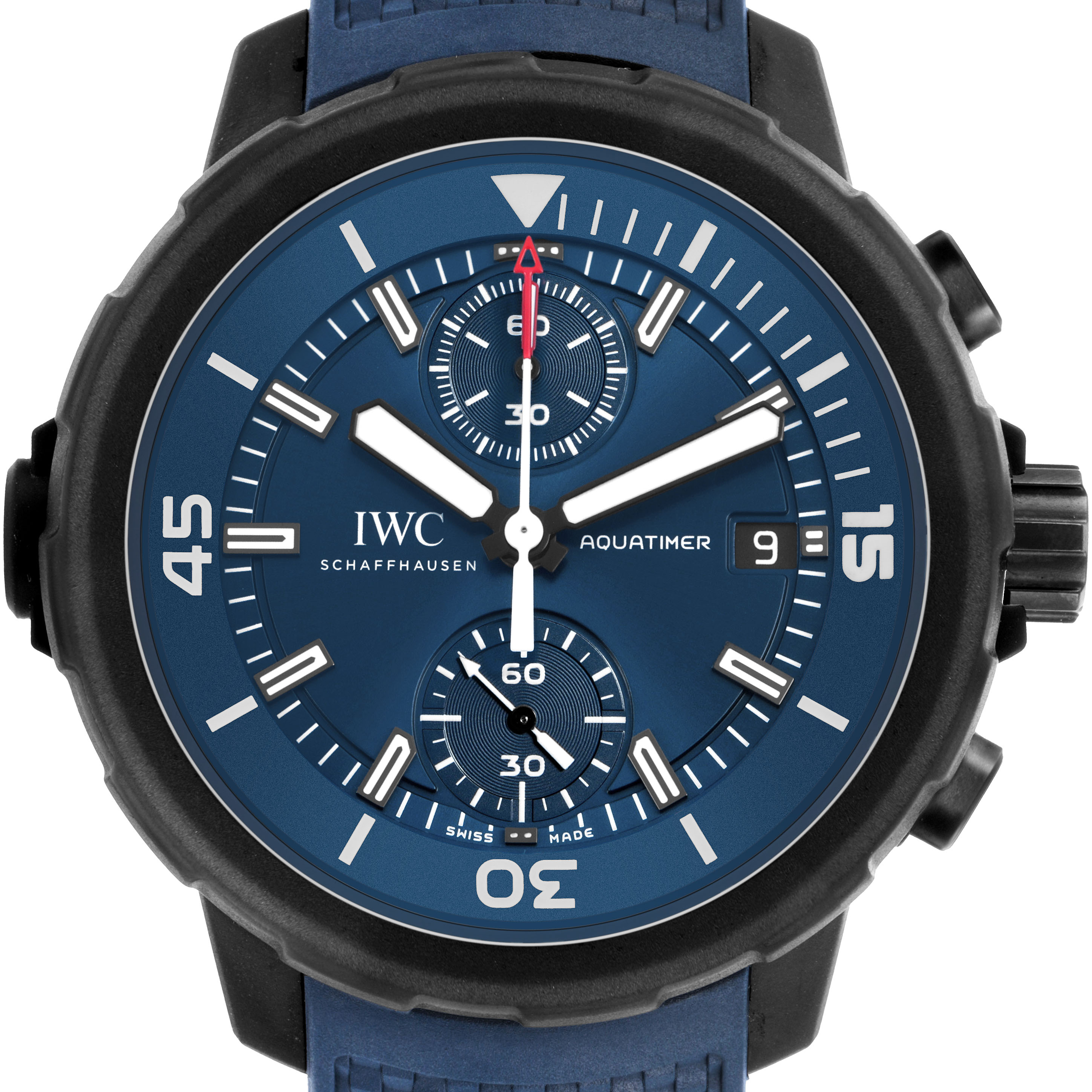 The IWC Aquatimer IW379507 Men's Stainless Steel Blue Dial watch is shown from the front, highlighting its blue dial, chronograph subdials, and rotating bezel.