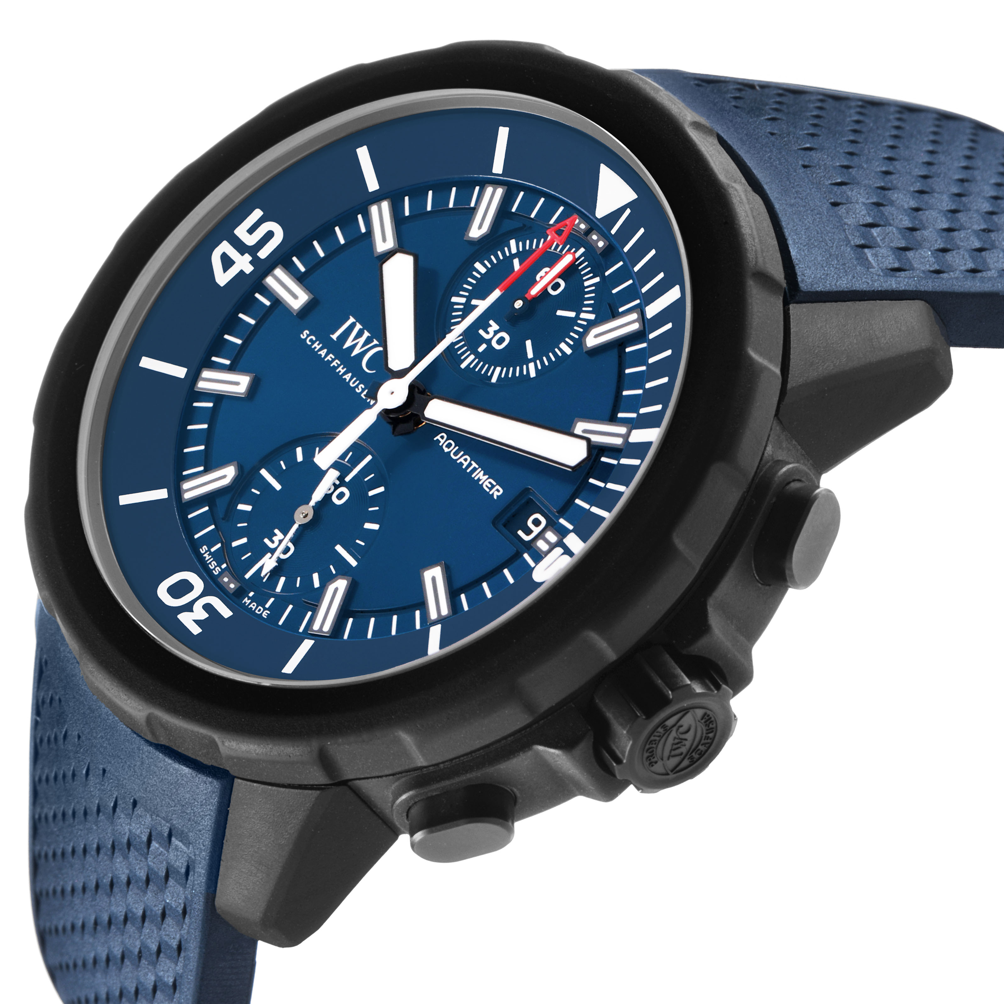The IWC Aquatimer IW379507 Men's Stainless Steel Blue Dial watch is shown at a slight angle, highlighting the blue dial, bezel, and textured strap.