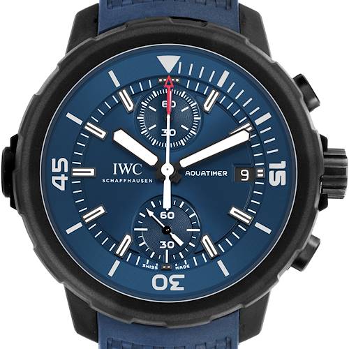 The IWC Aquatimer IW379507 Men's Stainless Steel Blue Dial watch is shown from the front, displaying the dial, subdials, and bezel with a blue face and strap.