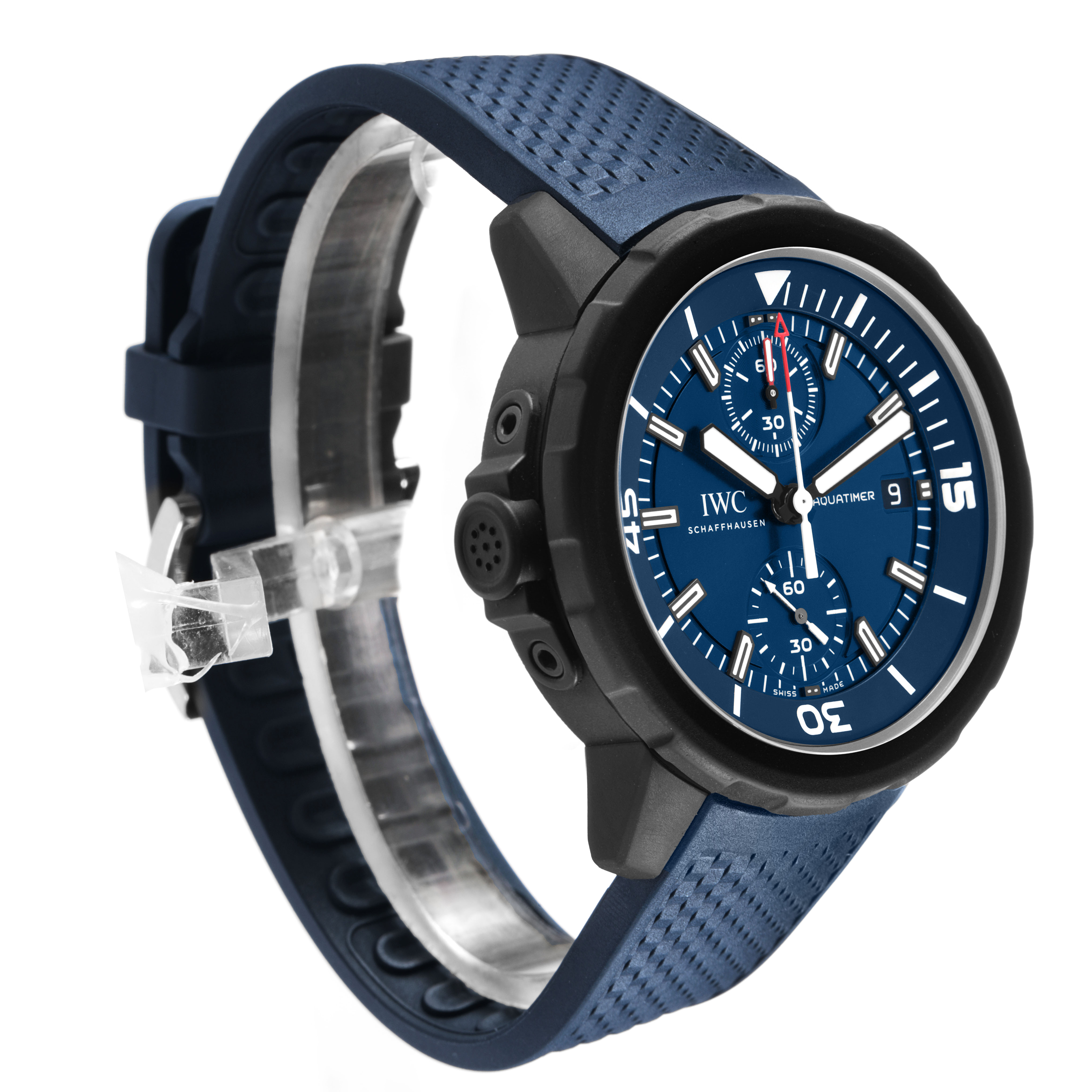 The IWC Aquatimer IW379507 Men's Stainless Steel Blue Dial watch is shown at a three-quarter angle, highlighting the face, bezel, strap, and side buttons.
