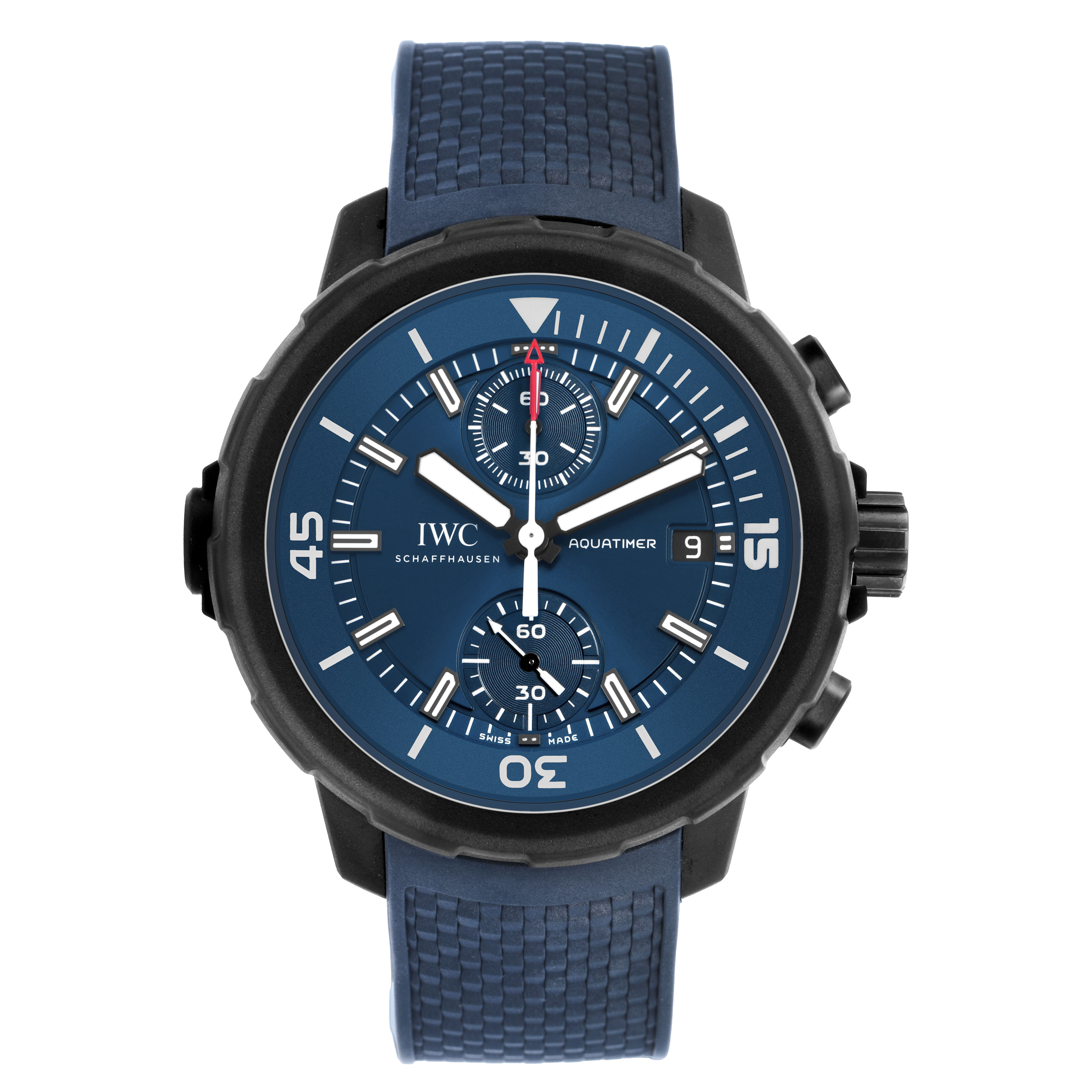 The IWC Aquatimer IW379507 Men's Stainless Steel Blue Dial watch is shown in a front view, featuring the dial, bezel, and strap clearly.