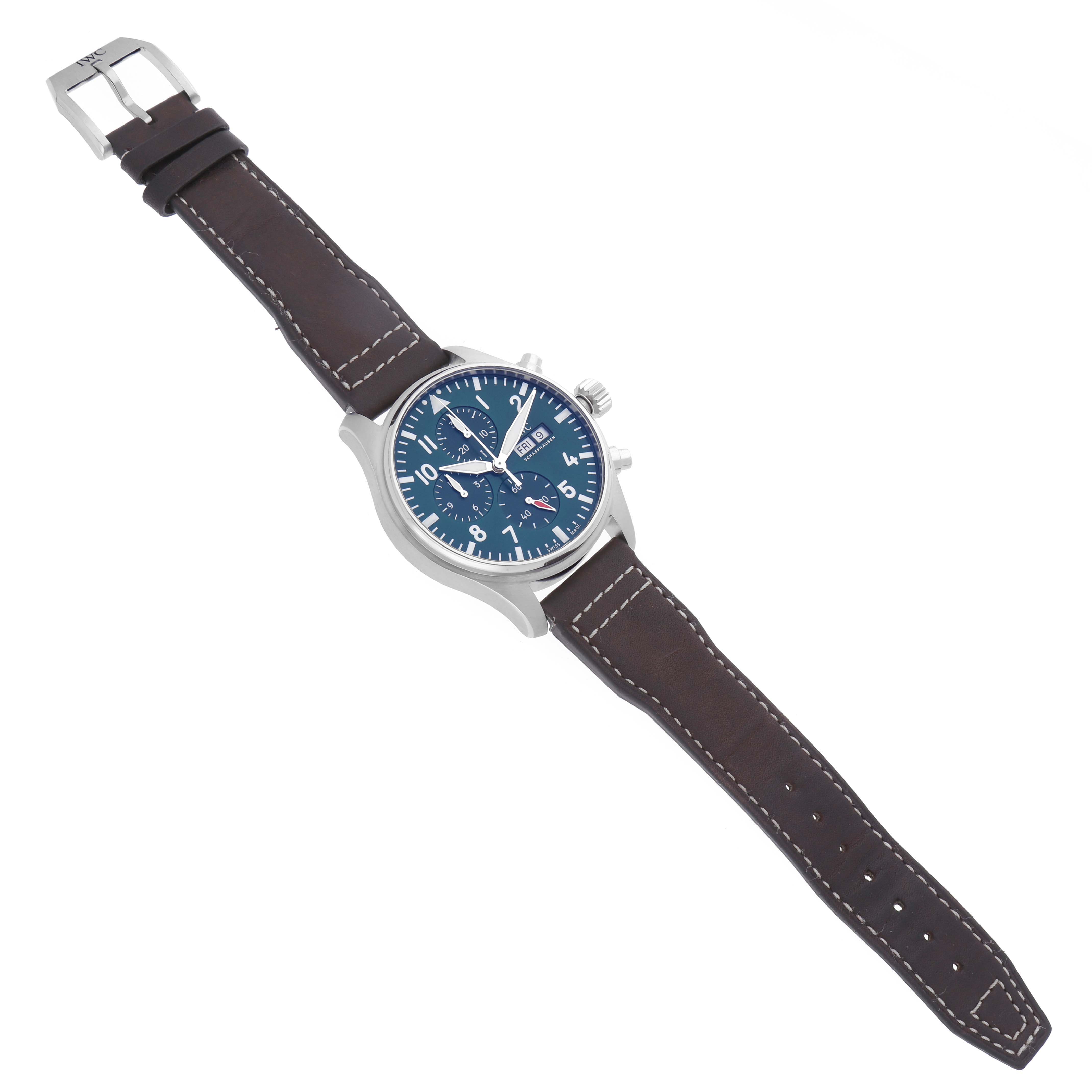 The IWC Pilot IW378005 Men's Stainless Steel Green Dial IW378005 Men's Stainless Steel Green Dial watch is shown at a slight angled top view, displaying the face, case, crown, pushers, and full leather strap.