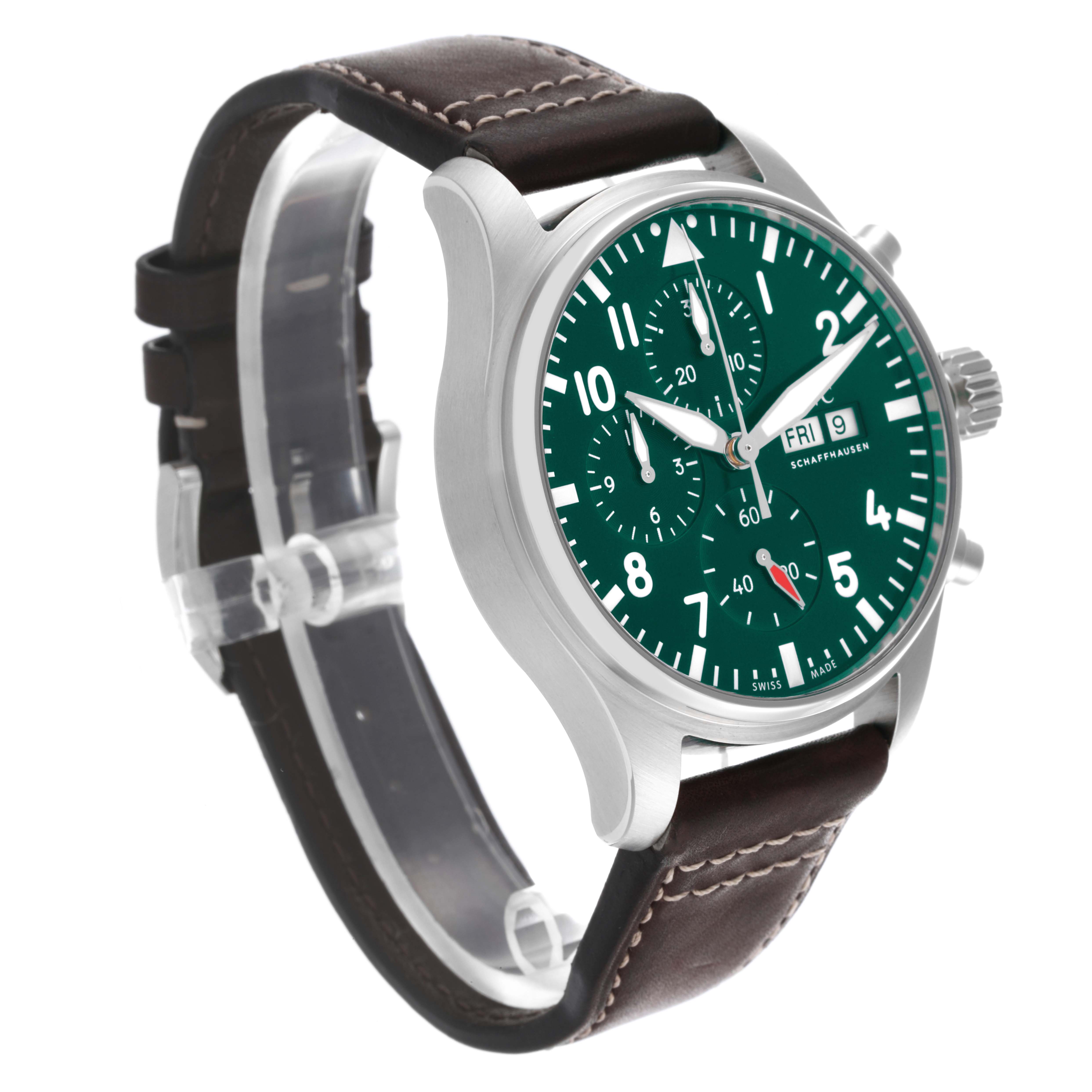 The IWC Pilot IW378005 Men's Stainless Steel Green Dial IW378005 Men's Stainless Steel Green Dial watch is shown at a slight angle, revealing the face, case, and leather strap.