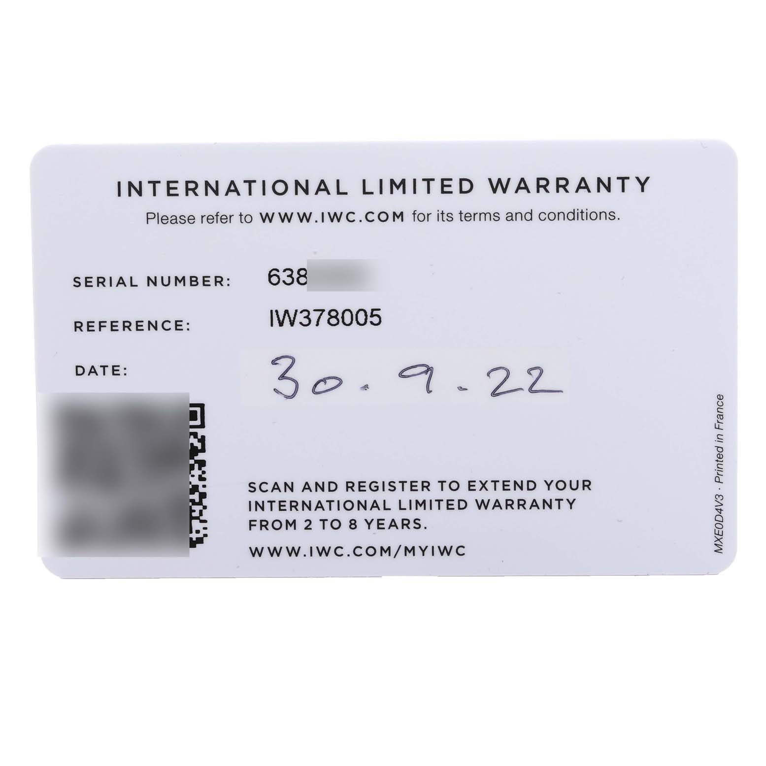 The image shows the International Limited Warranty card for the IWC Pilot IW378005 Men's Stainless Steel Green Dial IW378005 Men's Stainless Steel Green Dial watch, model reference IW378005.