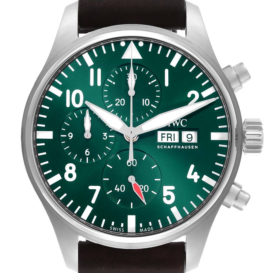 The IWC Pilot watch is shown from a front angle, highlighting the dial, hands, chronograph subdials, and crown.