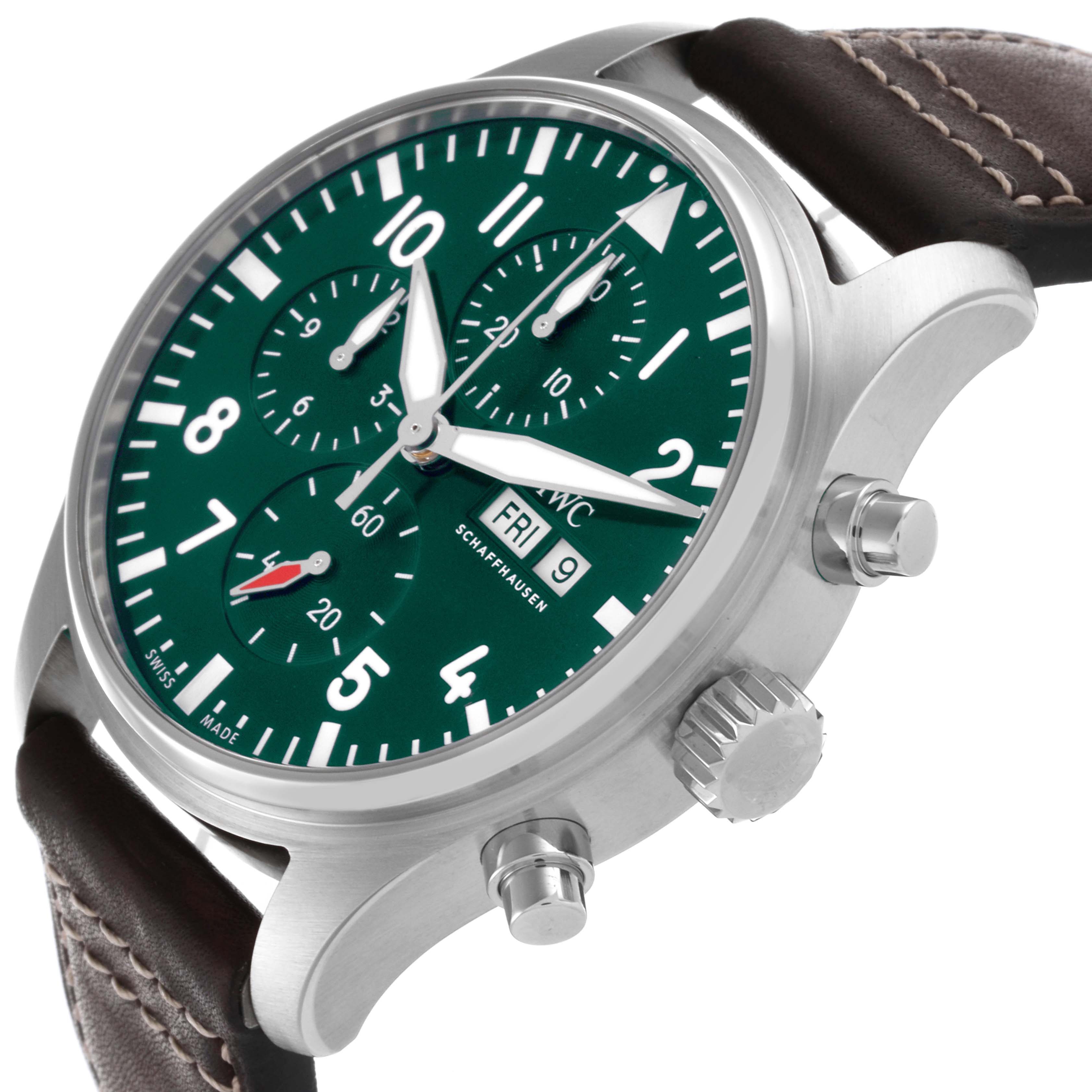 The IWC Pilot IW378005 Men's Stainless Steel Green Dial IW378005 Men's Stainless Steel Green Dial watch is shown from a three-quarter angle, highlighting the face, crown, pushers, and leather strap.