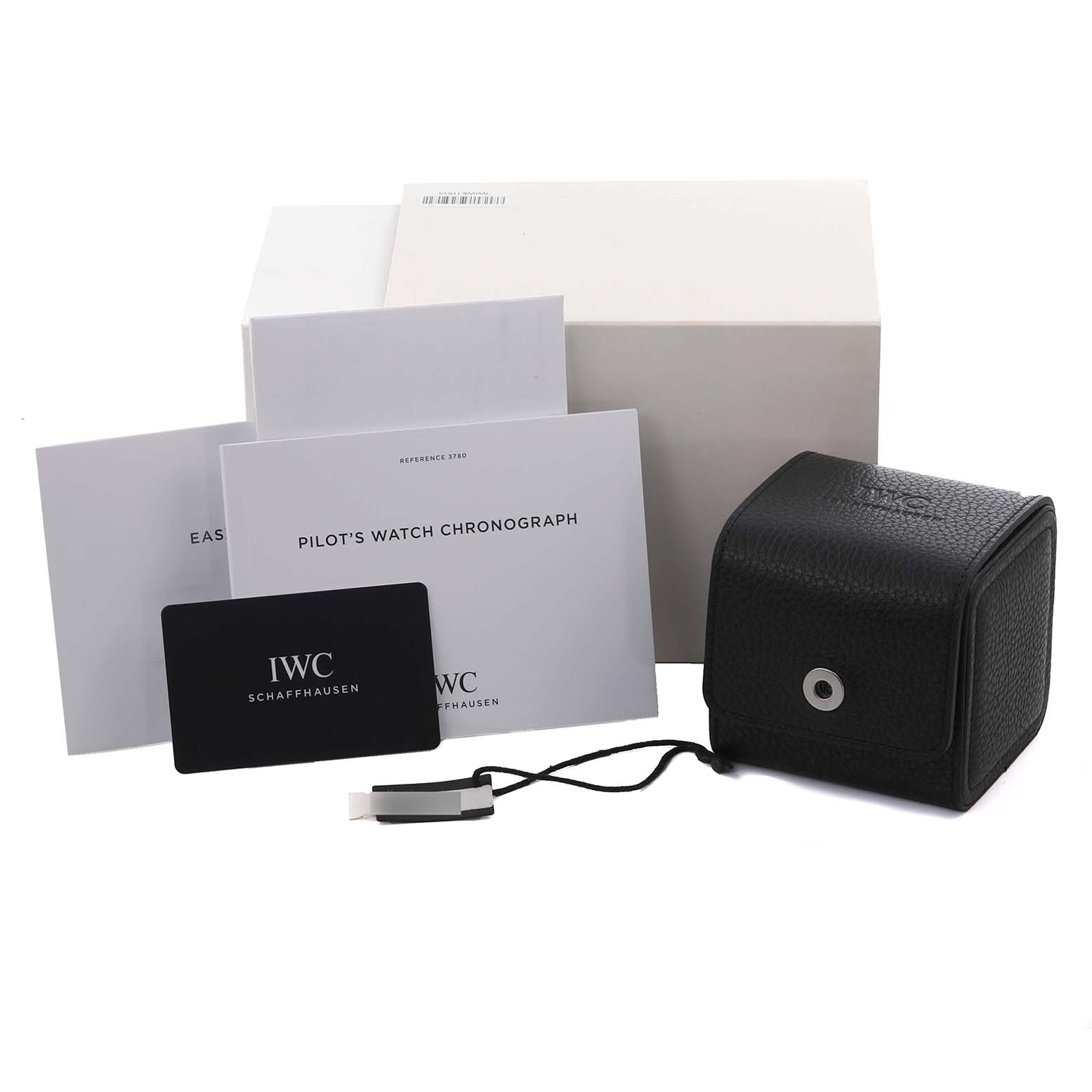 The image shows the accessories for an IWC Pilot IW378005 Men's Stainless Steel Green Dial IW378005 Men's Stainless Steel Green Dial's Watch, including manuals, a black case, a warranty card, and packaging.