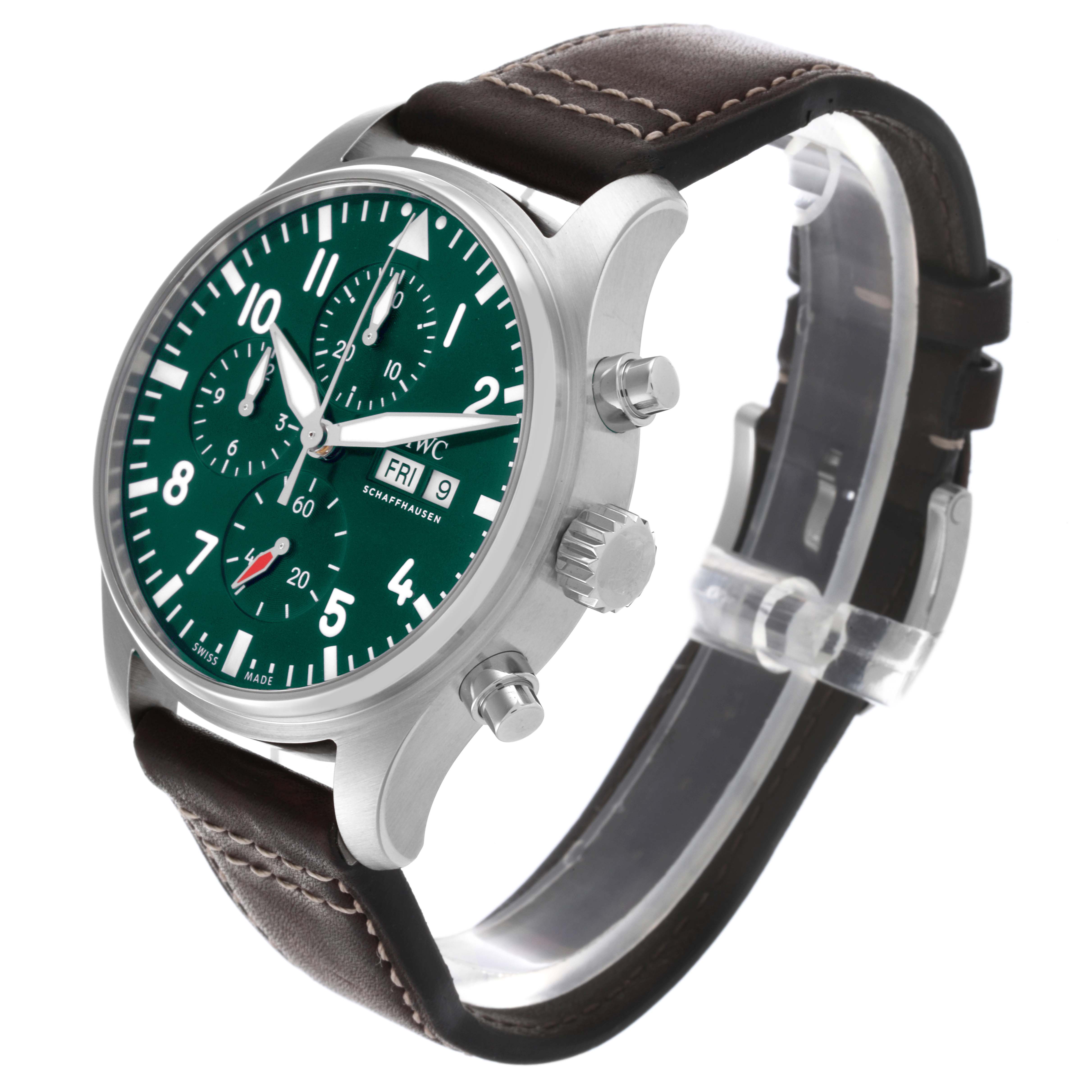 The IWC Pilot IW378005 Men's Stainless Steel Green Dial IW378005 Men's Stainless Steel Green Dial watch is shown at a three-quarter angle, displaying the dial, crown, and pushers.