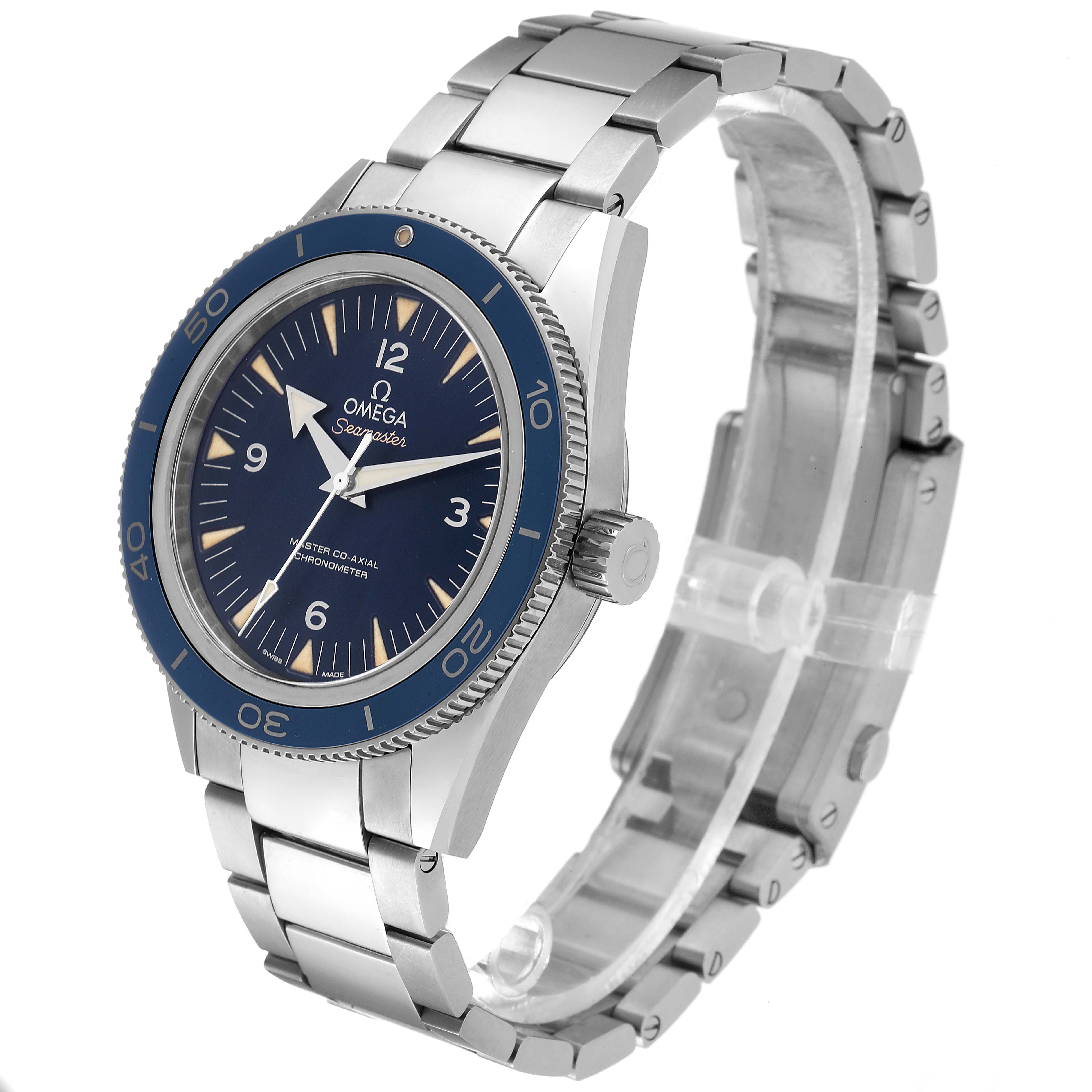 The Omega Seamaster 233.90.41.21.03.001 Men's Titanium Blue Dial 233.90.41.21.03.001 Men's Titanium Blue Dial watch is shown at an angle highlighting the face, bezel, crown, and metal bracelet.