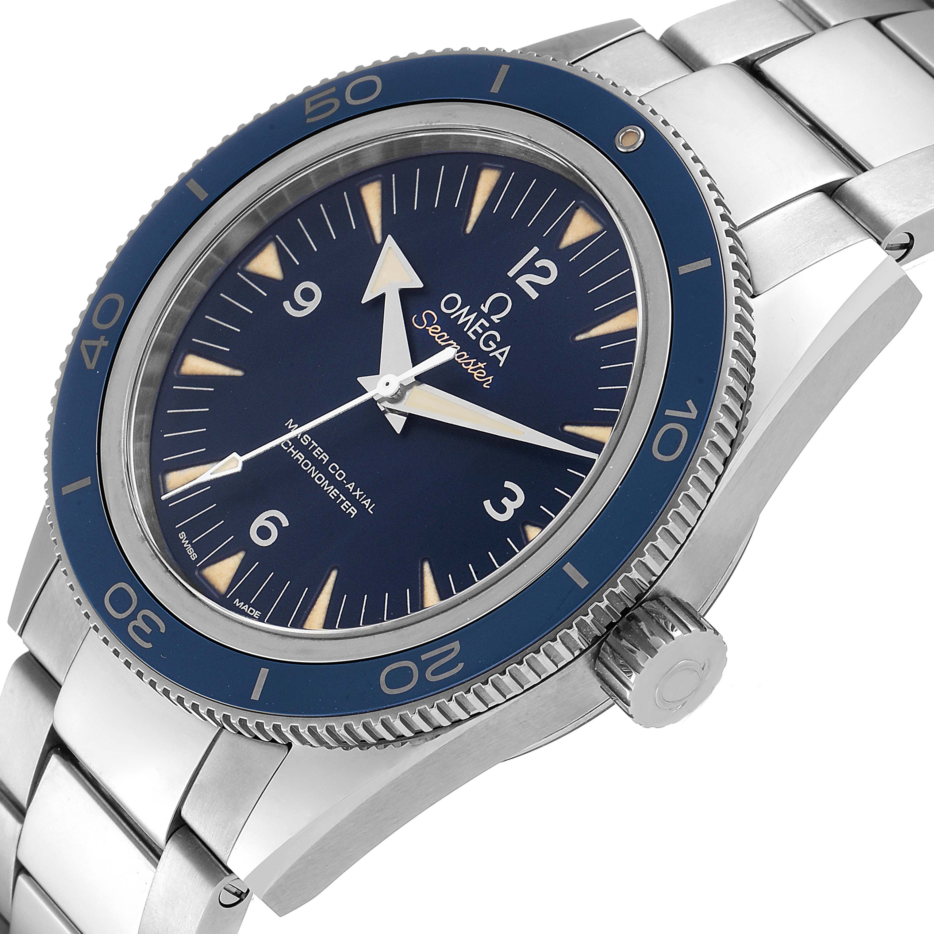 The image shows a side-angle view of the Omega Seamaster 233.90.41.21.03.001 Men's Titanium Blue Dial 233.90.41.21.03.001 Men's Titanium Blue Dial watch, highlighting the blue dial, bezel, and stainless steel bracelet.