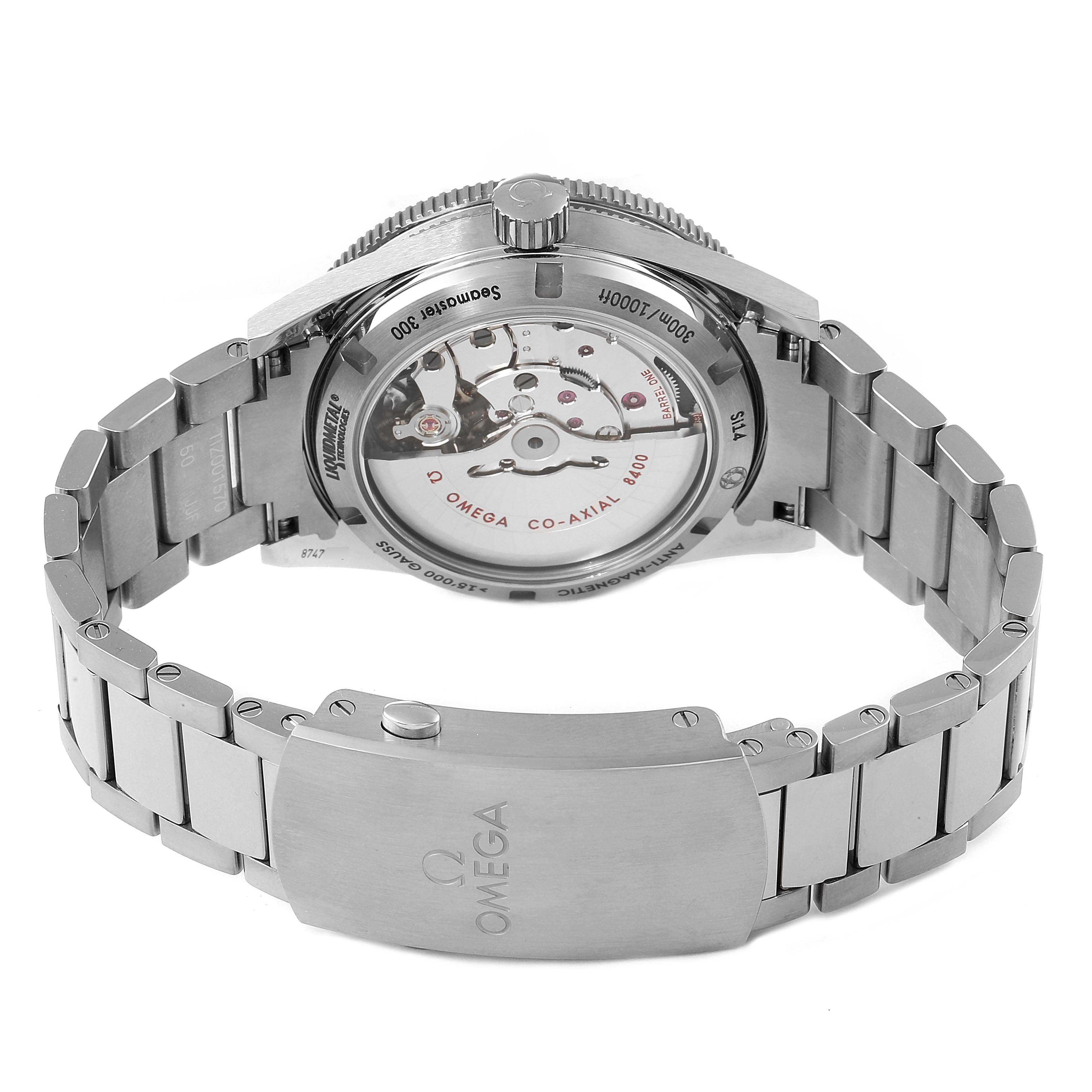 This image shows the back view of an Omega Seamaster 233.90.41.21.03.001 Men's Titanium Blue Dial 233.90.41.21.03.001 Men's Titanium Blue Dial watch, revealing its movement and stainless steel bracelet.