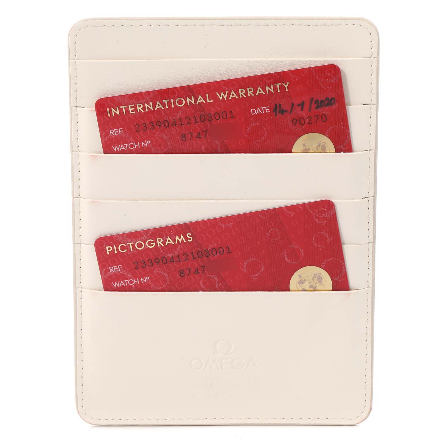 The image shows an Omega Seamaster 233.90.41.21.03.001 Men's Titanium Blue Dial 233.90.41.21.03.001 Men's Titanium Blue Dial warranty card holder with international warranty and pictograms cards visible.