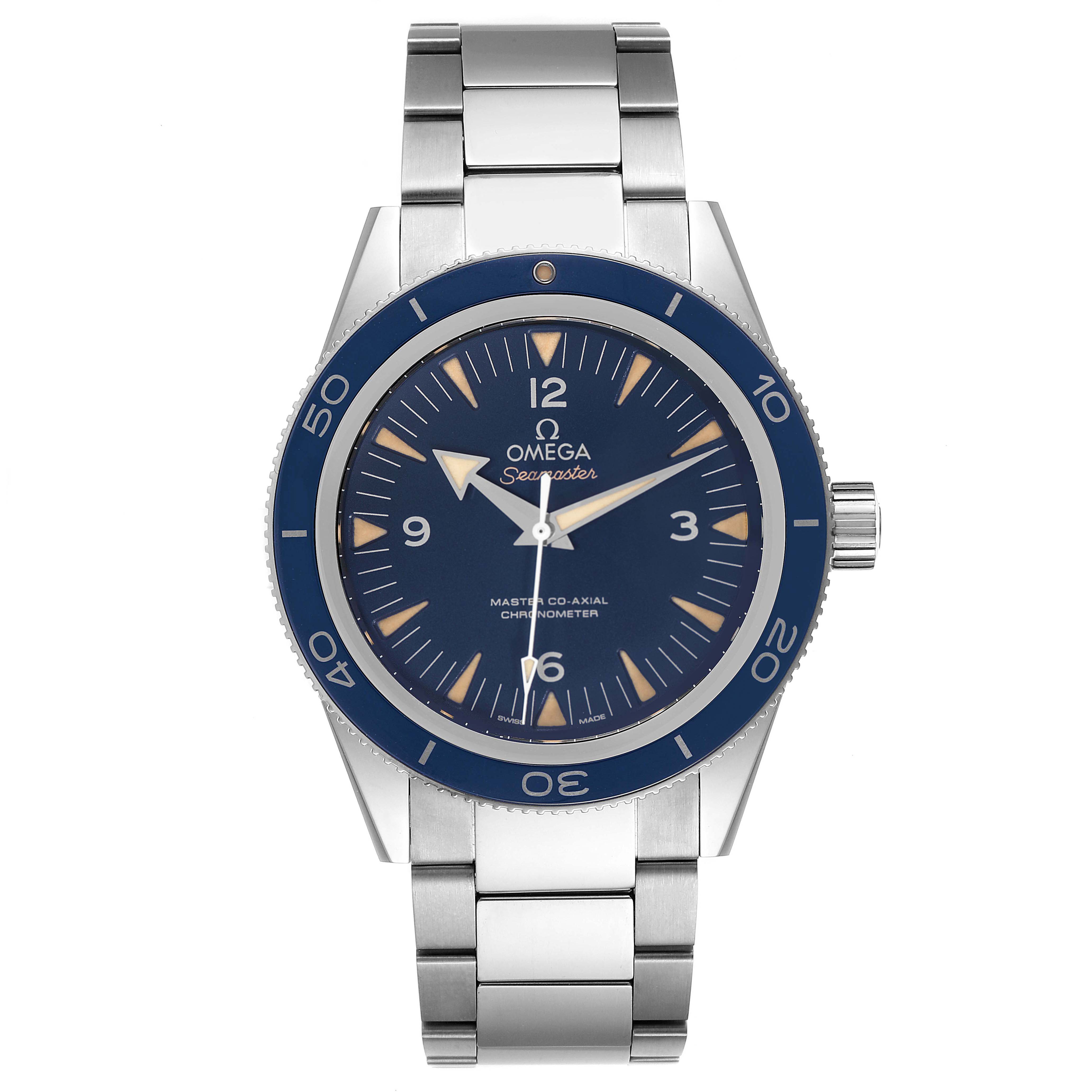 The image shows a front view of an Omega Seamaster 233.90.41.21.03.001 Men's Titanium Blue Dial 233.90.41.21.03.001 Men's Titanium Blue Dial watch, highlighting its dial, bezel, and metal bracelet.