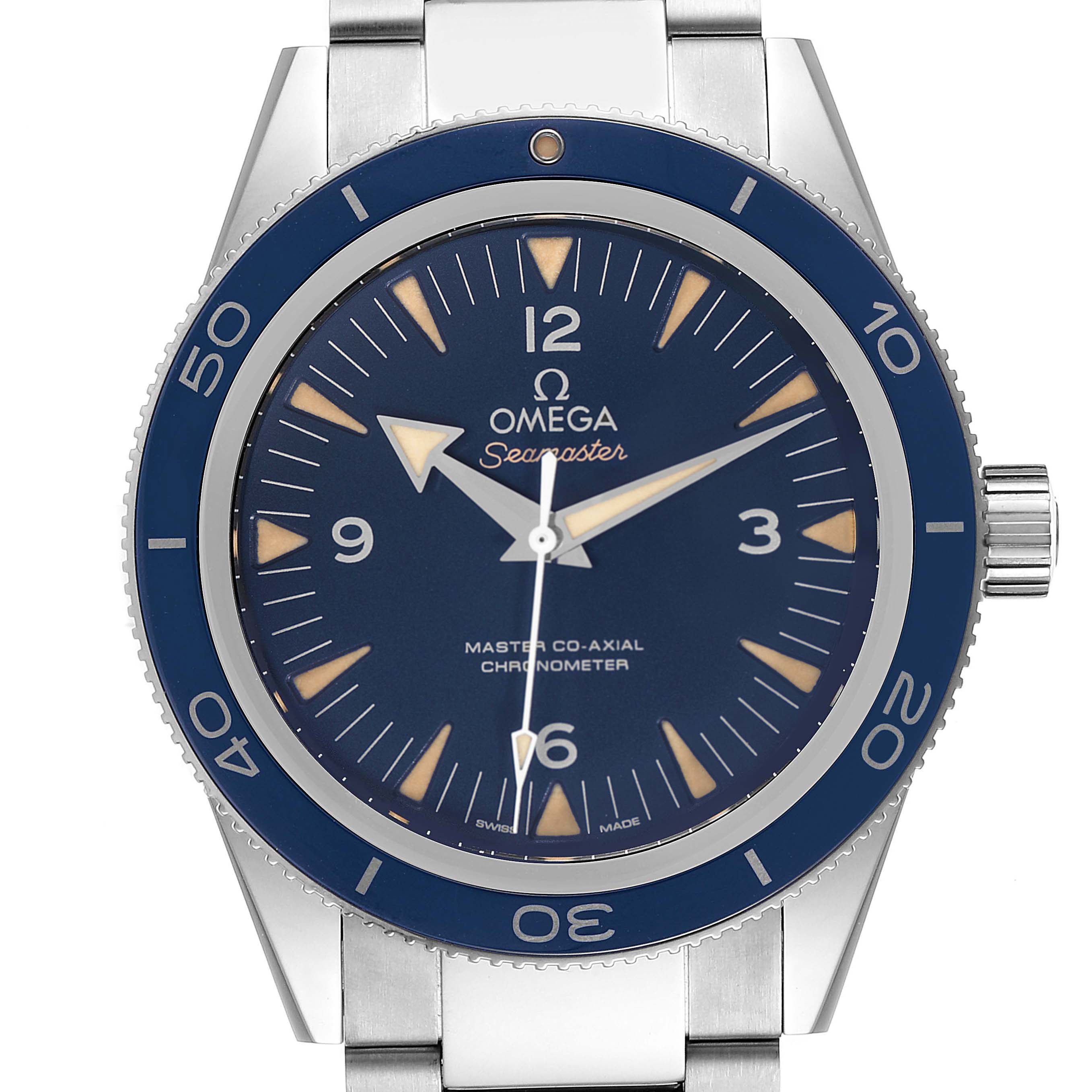 The image shows a front view of the Omega Seamaster 233.90.41.21.03.001 Men's Titanium Blue Dial 233.90.41.21.03.001 Men's Titanium Blue Dial watch, highlighting its blue dial and bezel.