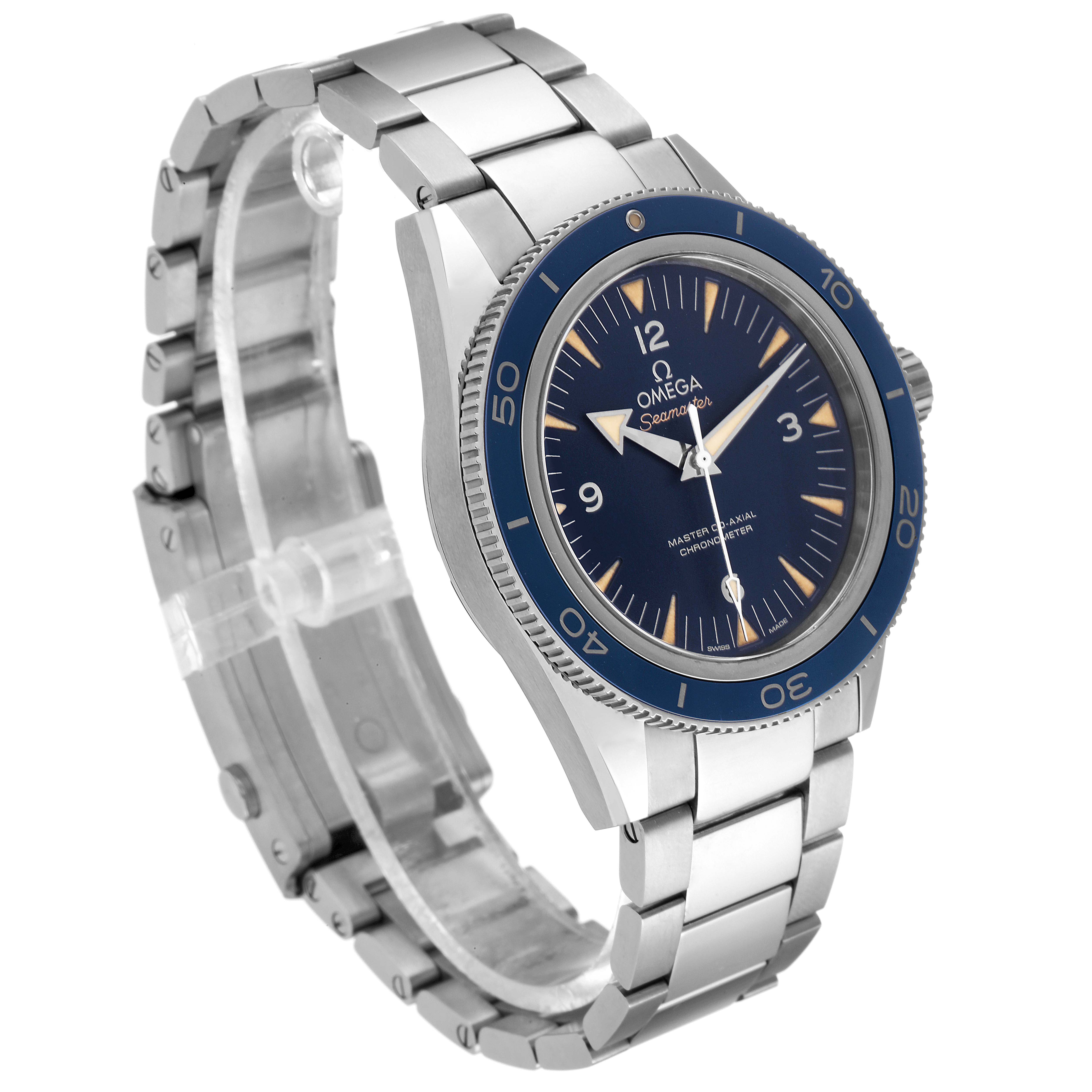The image shows an angled view of an Omega Seamaster 233.90.41.21.03.001 Men's Titanium Blue Dial 233.90.41.21.03.001 Men's Titanium Blue Dial watch, highlighting its blue bezel, dial, and stainless steel bracelet.