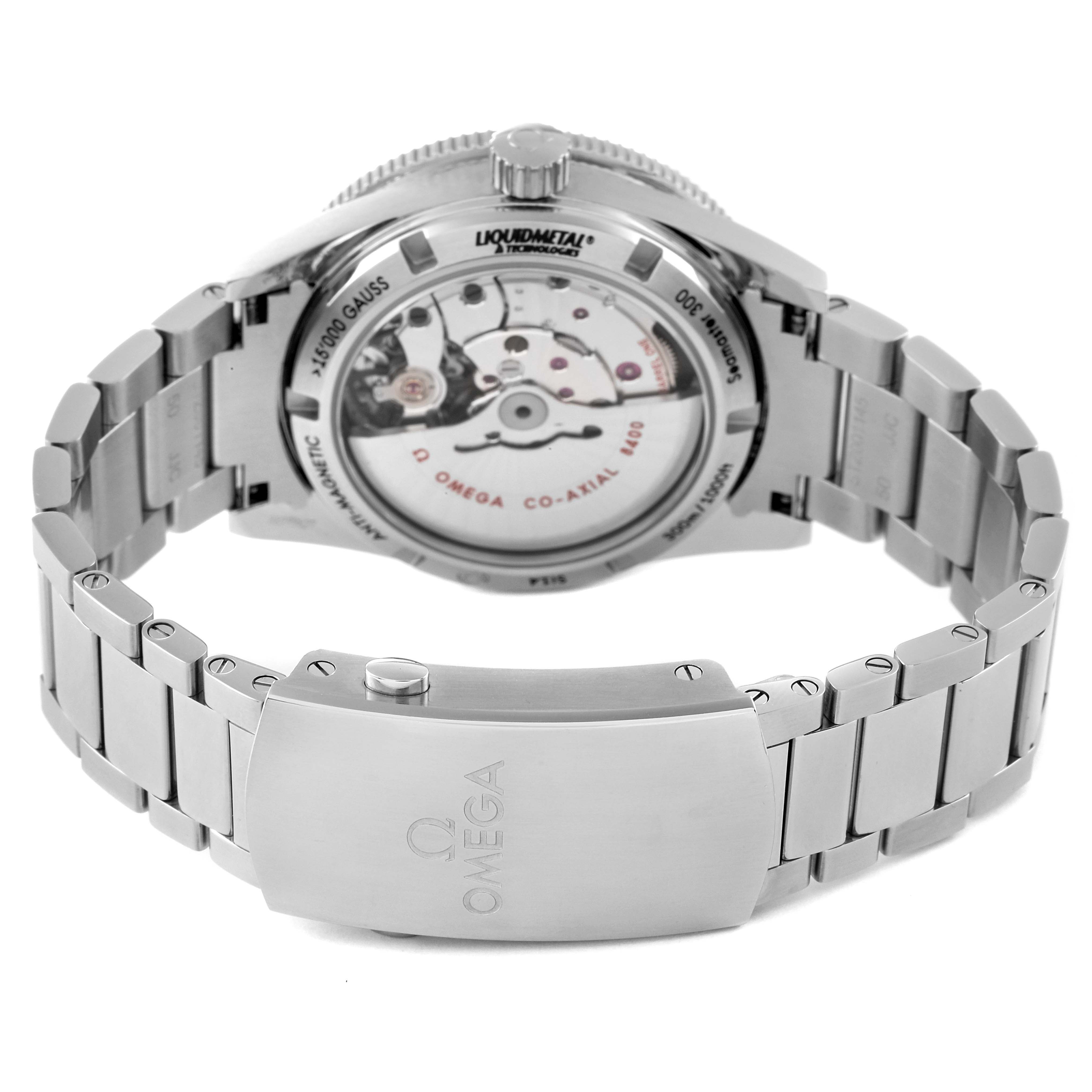 The Omega Seamaster 233.30.41.21.01.001 Men's Stainless Steel Black Dial 233.30.41.21.01.001 Men's Stainless Steel Black Dial watch is shown from the back, highlighting its transparent case back, metal bracelet, and clasp.