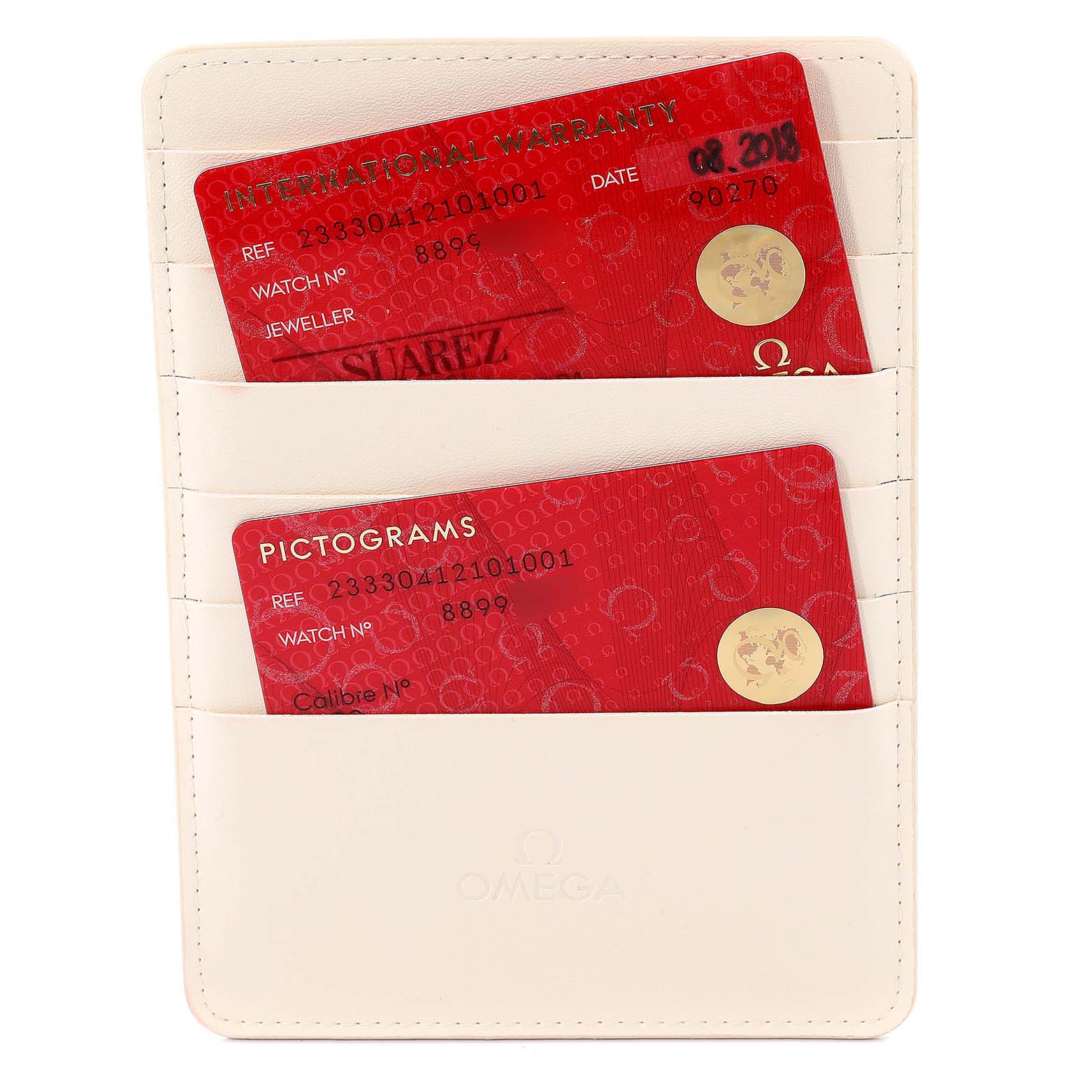 This image shows international warranty and pictogram cards for an Omega Seamaster 233.30.41.21.01.001 Men's Stainless Steel Black Dial 233.30.41.21.01.001 Men's Stainless Steel Black Dial watch in a white cardholder.