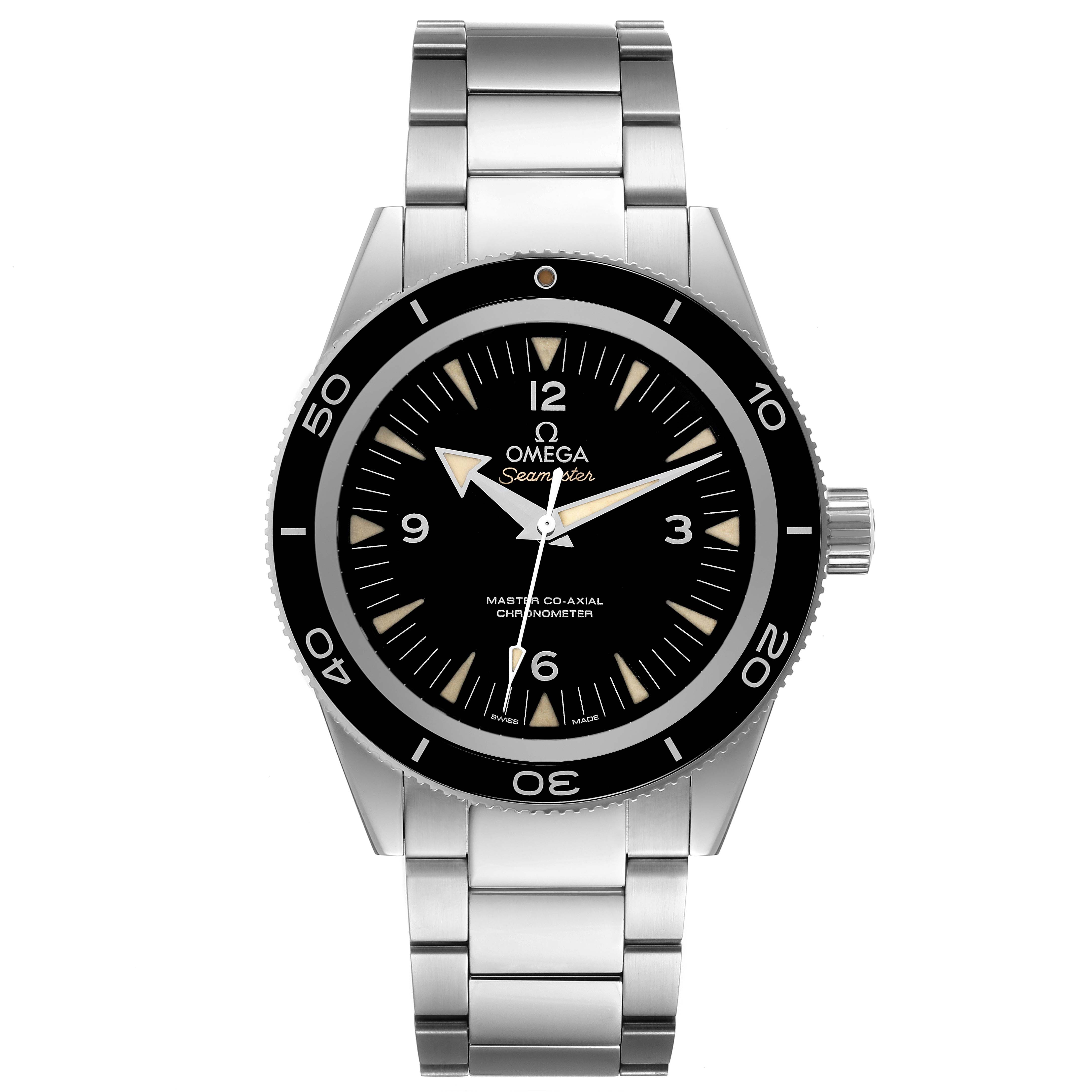 The image shows a front view of an Omega Seamaster 233.30.41.21.01.001 Men's Stainless Steel Black Dial 233.30.41.21.01.001 Men's Stainless Steel Black Dial watch, featuring its stainless steel bracelet and black dial.