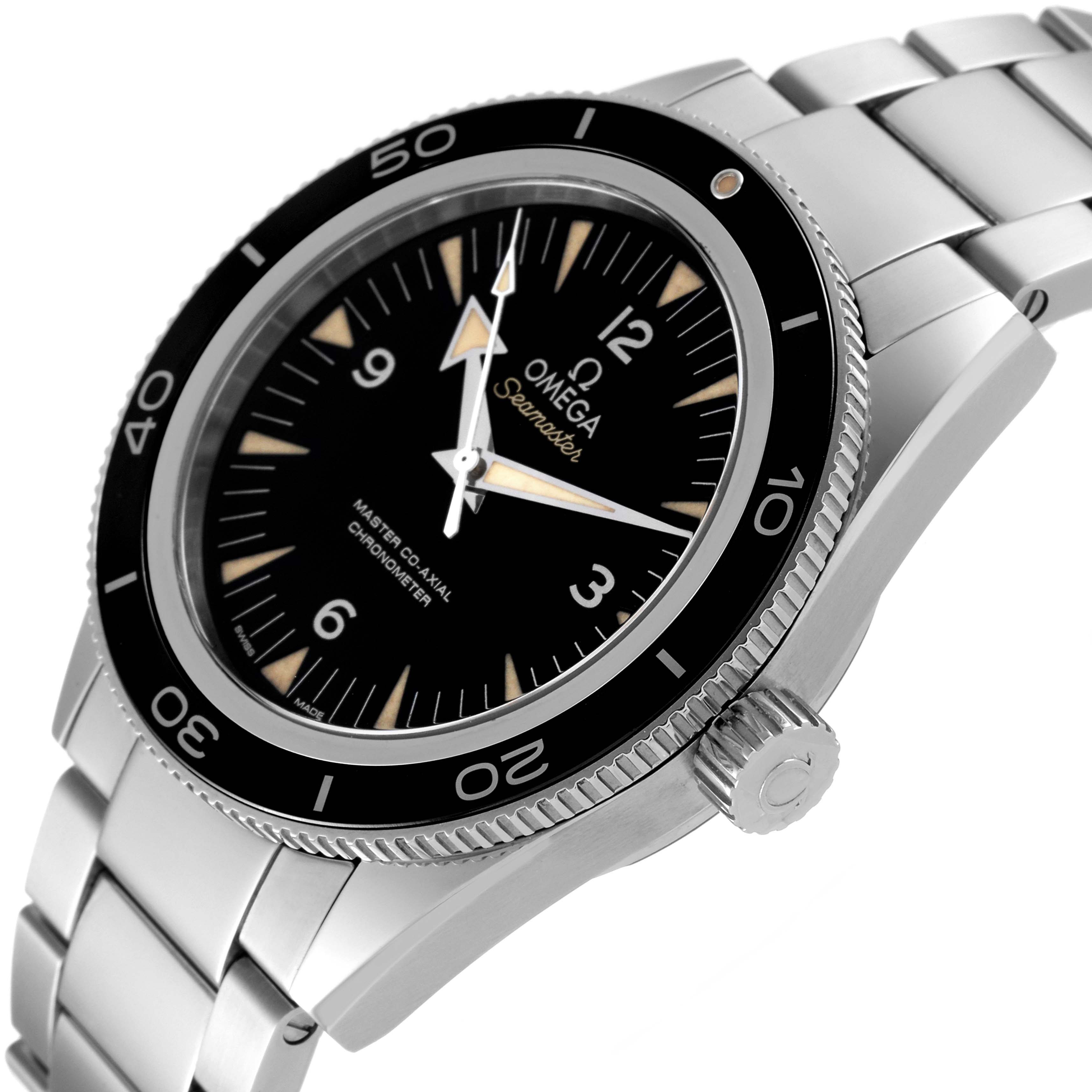 The image shows a side angle of the Omega Seamaster 233.30.41.21.01.001 Men's Stainless Steel Black Dial 233.30.41.21.01.001 Men's Stainless Steel Black Dial watch, highlighting the bezel, dial, crown, and part of the bracelet.