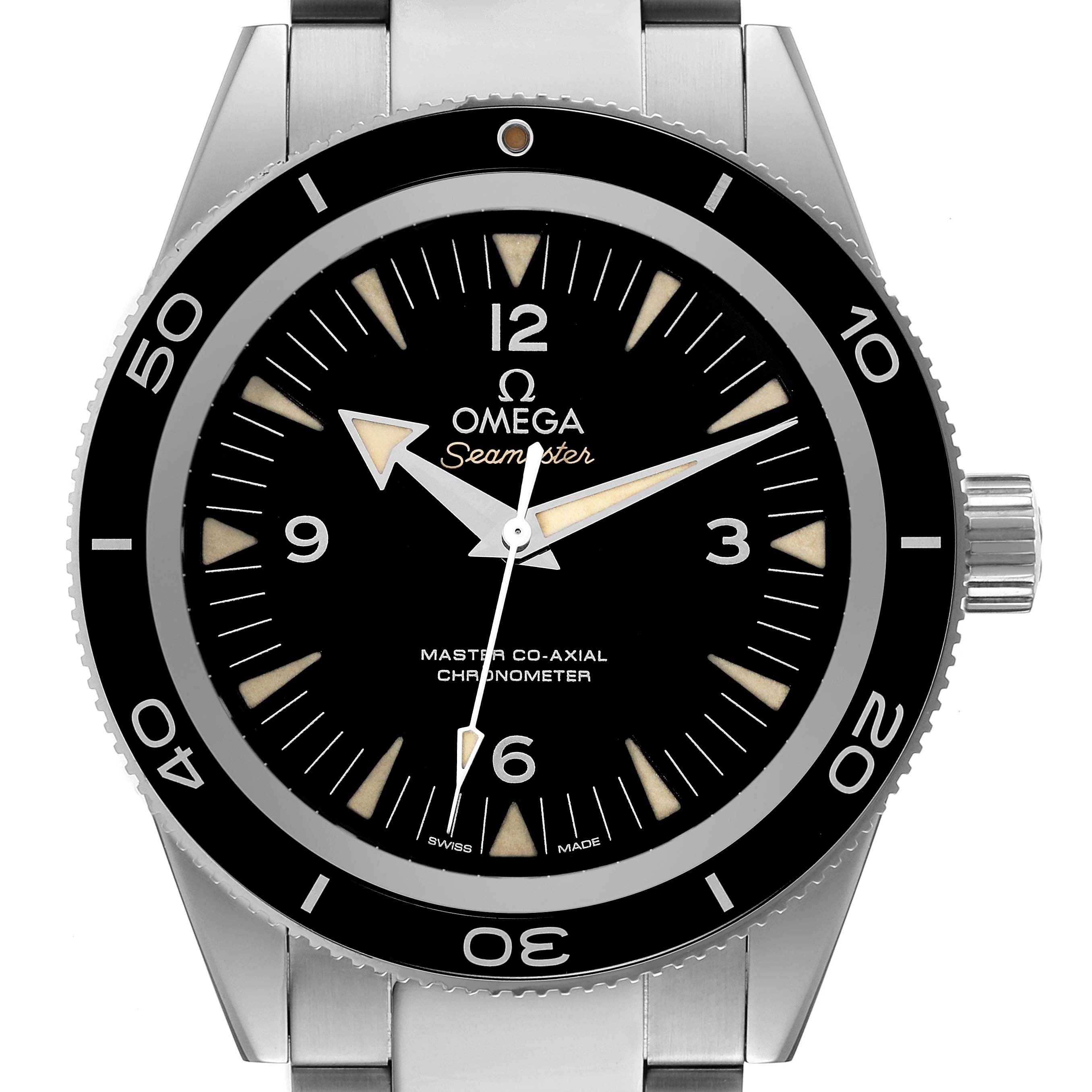 The Omega Seamaster 233.30.41.21.01.001 Men's Stainless Steel Black Dial 233.30.41.21.01.001 Men's Stainless Steel Black Dial watch is shown from a frontal view, displaying its dial, bezel, hands, and part of the bracelet.