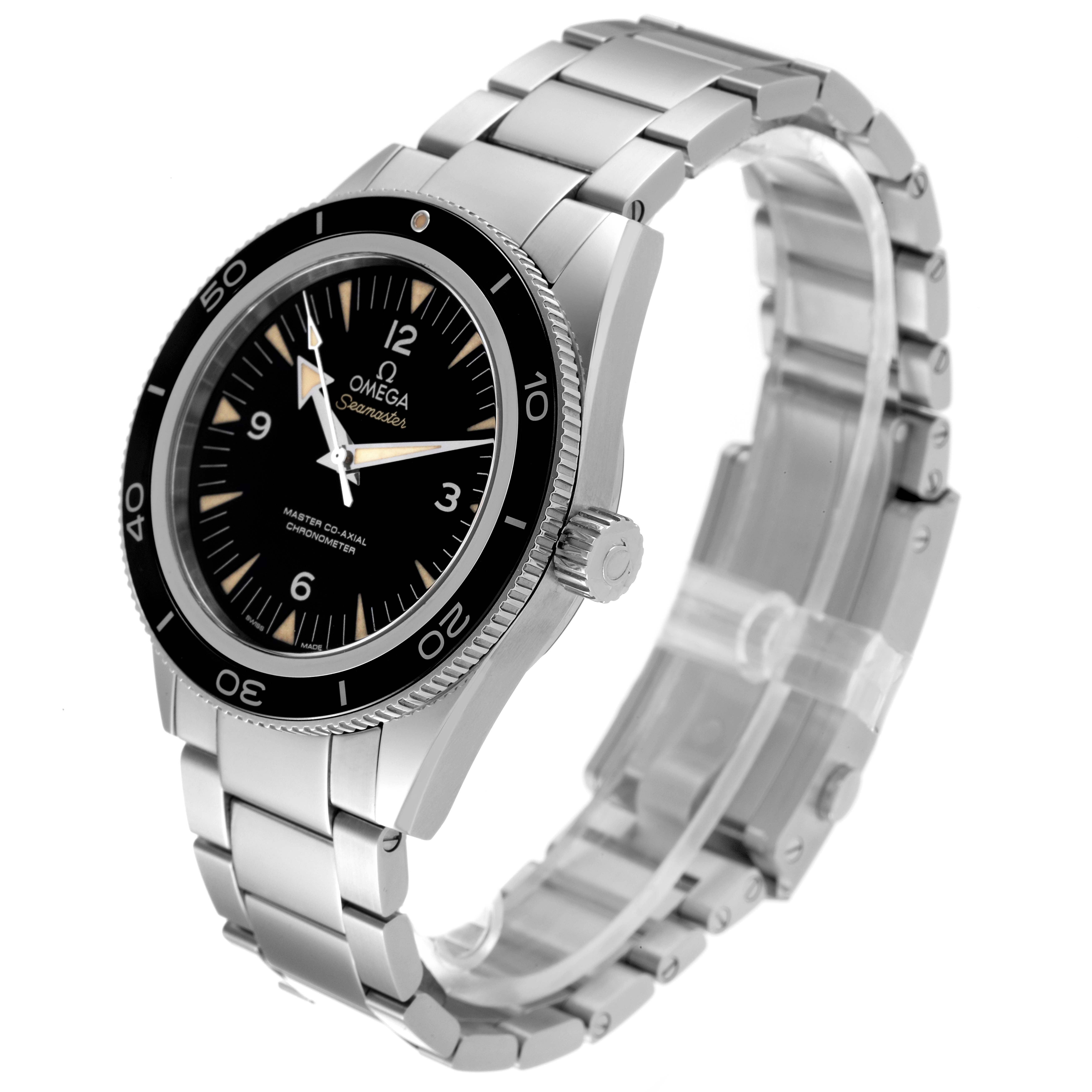 This image shows an Omega Seamaster 233.30.41.21.01.001 Men's Stainless Steel Black Dial 233.30.41.21.01.001 Men's Stainless Steel Black Dial watch from an angled side view, displaying the face, bezel, crown, and bracelet.