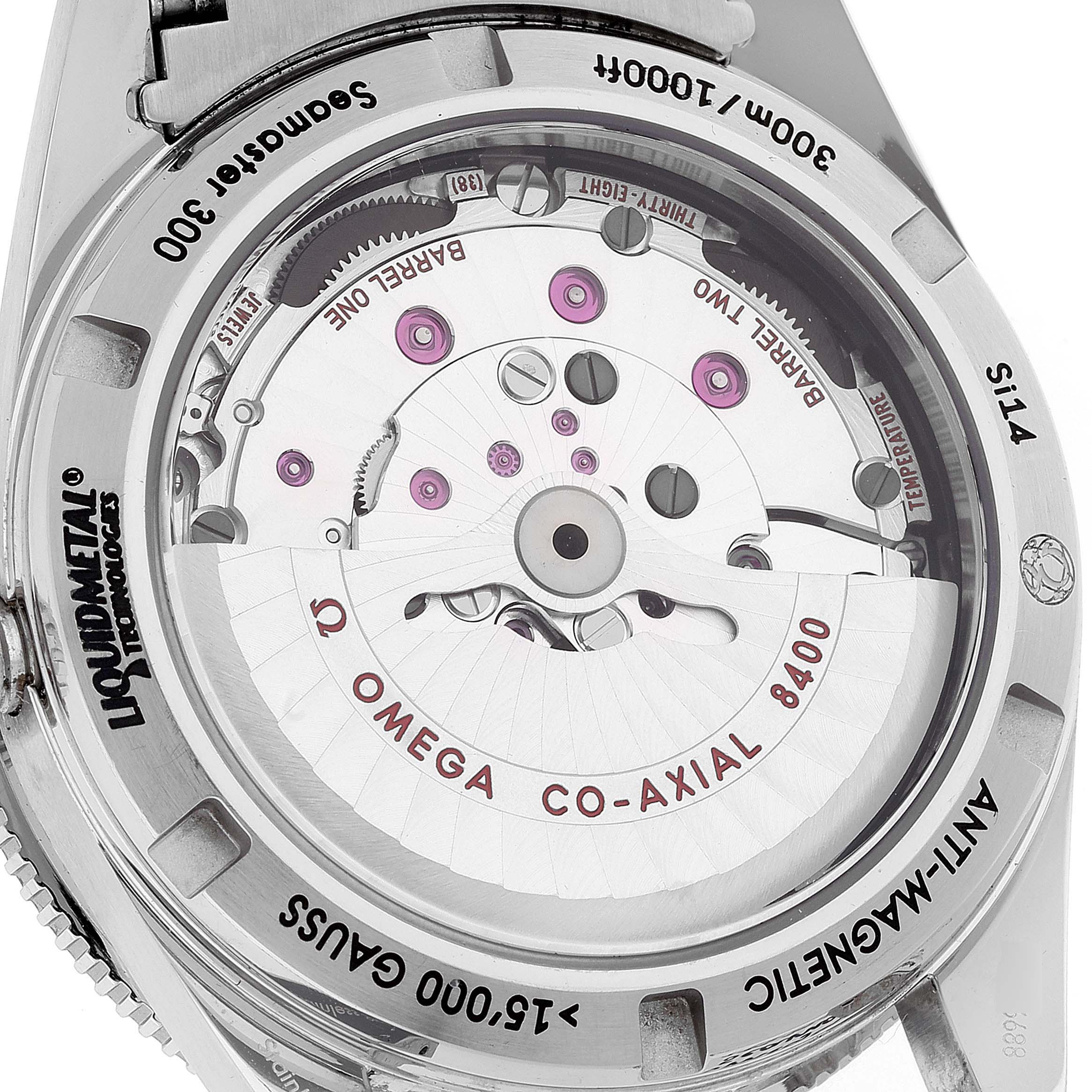 The image shows the case back of the Omega Seamaster 233.30.41.21.01.001 Men's Stainless Steel Black Dial 233.30.41.21.01.001 Men's Stainless Steel Black Dial, highlighting the intricate movement and "Omega Co-Axial 8400" engraving.