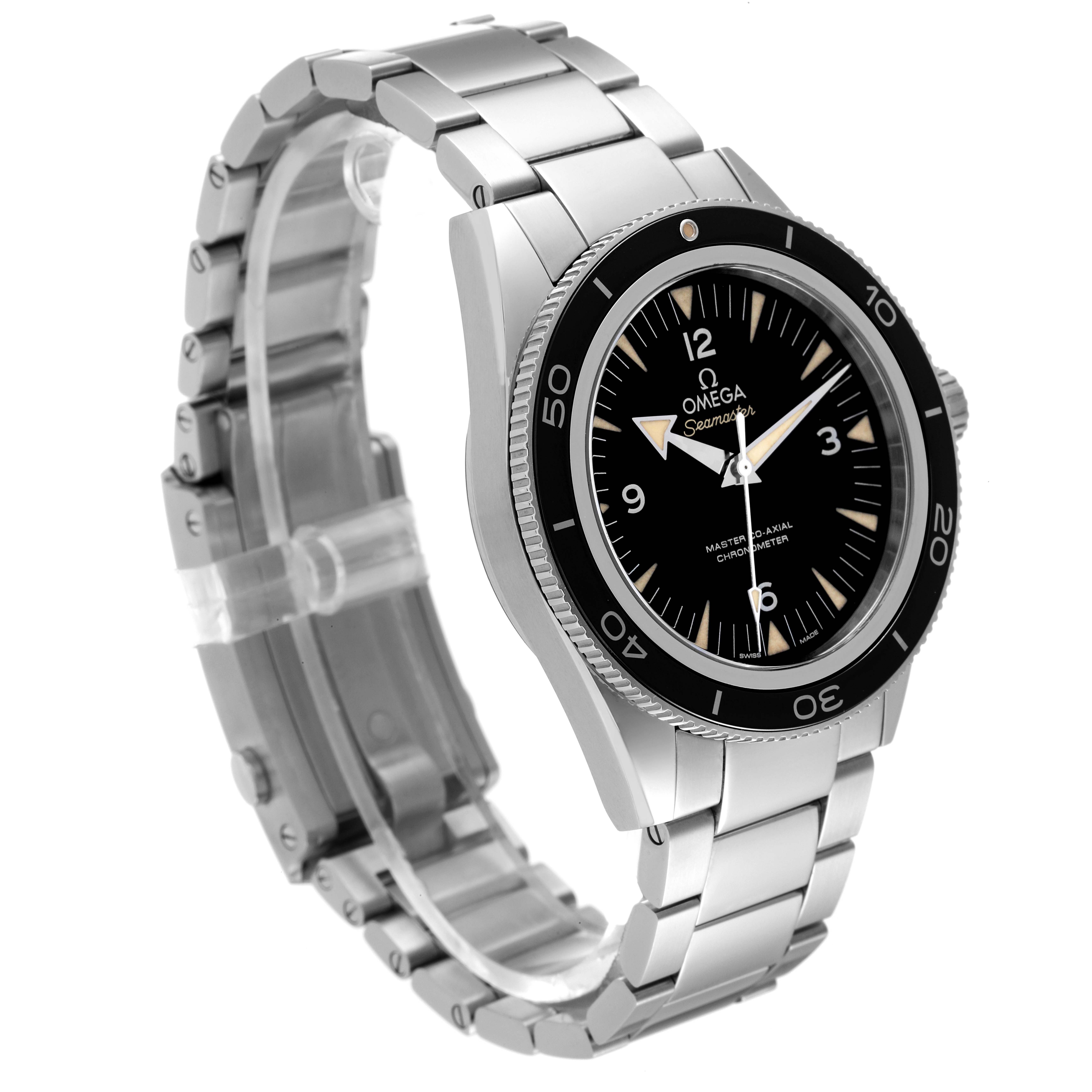 The Omega Seamaster 233.30.41.21.01.001 Men's Stainless Steel Black Dial 233.30.41.21.01.001 Men's Stainless Steel Black Dial watch is shown from a front-left angle, displaying the dial, bezel, and stainless steel bracelet.