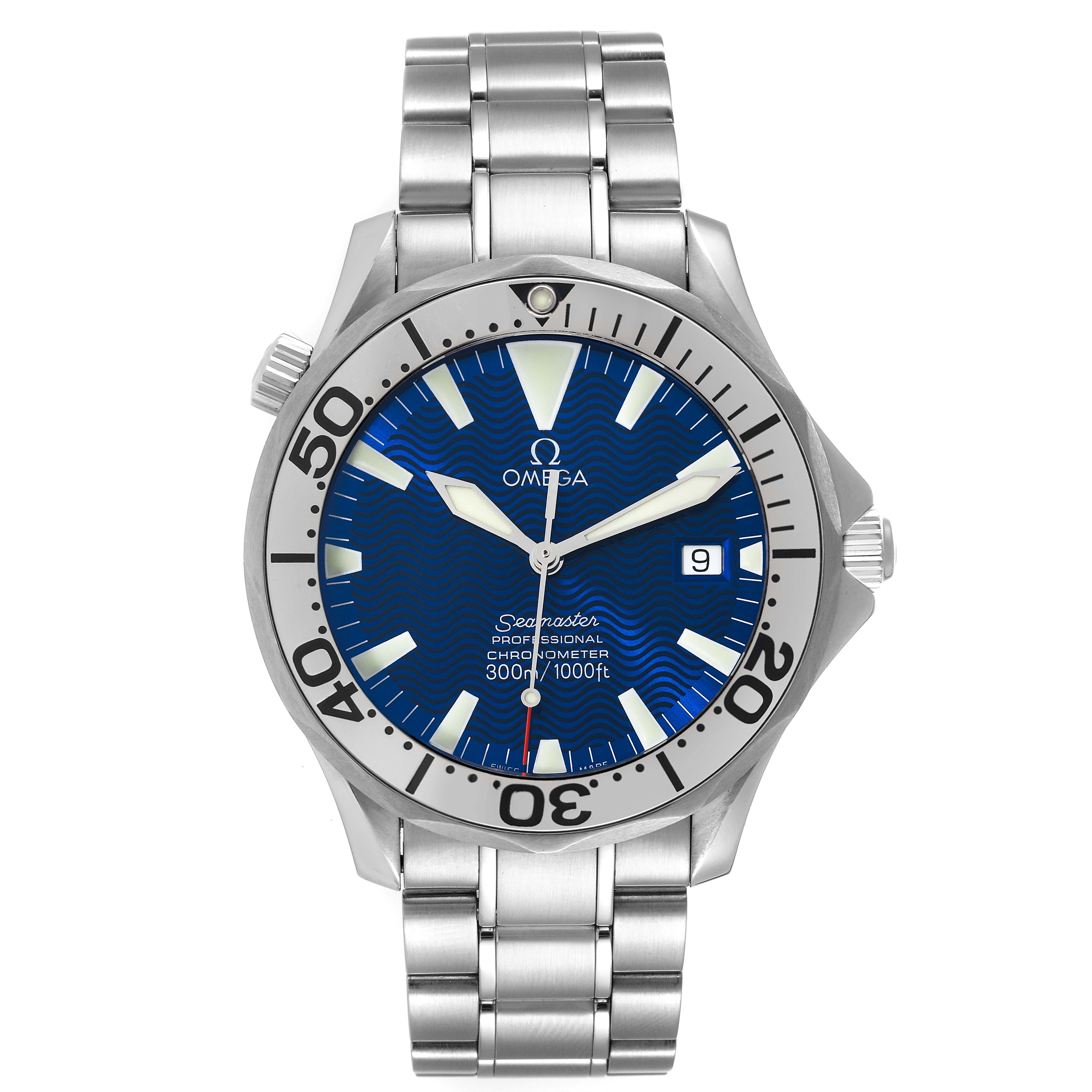This image shows a front view of the Omega Seamaster 2255.80.00 Men's Stainless Steel Blue Dial 2255.80.00 Men's Stainless Steel Blue Dial watch, highlighting its blue dial, rotating bezel, and metal bracelet.