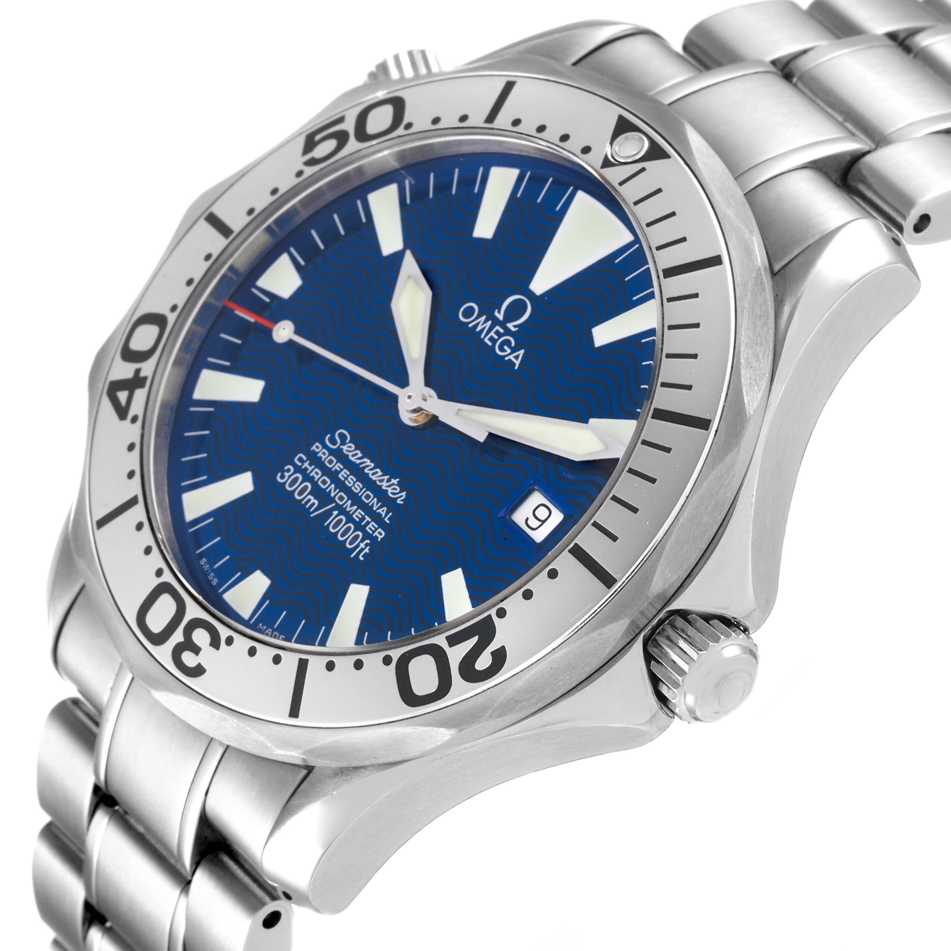 The image shows a close-up angled view of the Omega Seamaster 2255.80.00 Men's Stainless Steel Blue Dial 2255.80.00 Men's Stainless Steel Blue Dial watch, highlighting its bezel, crown, face, and bracelet.