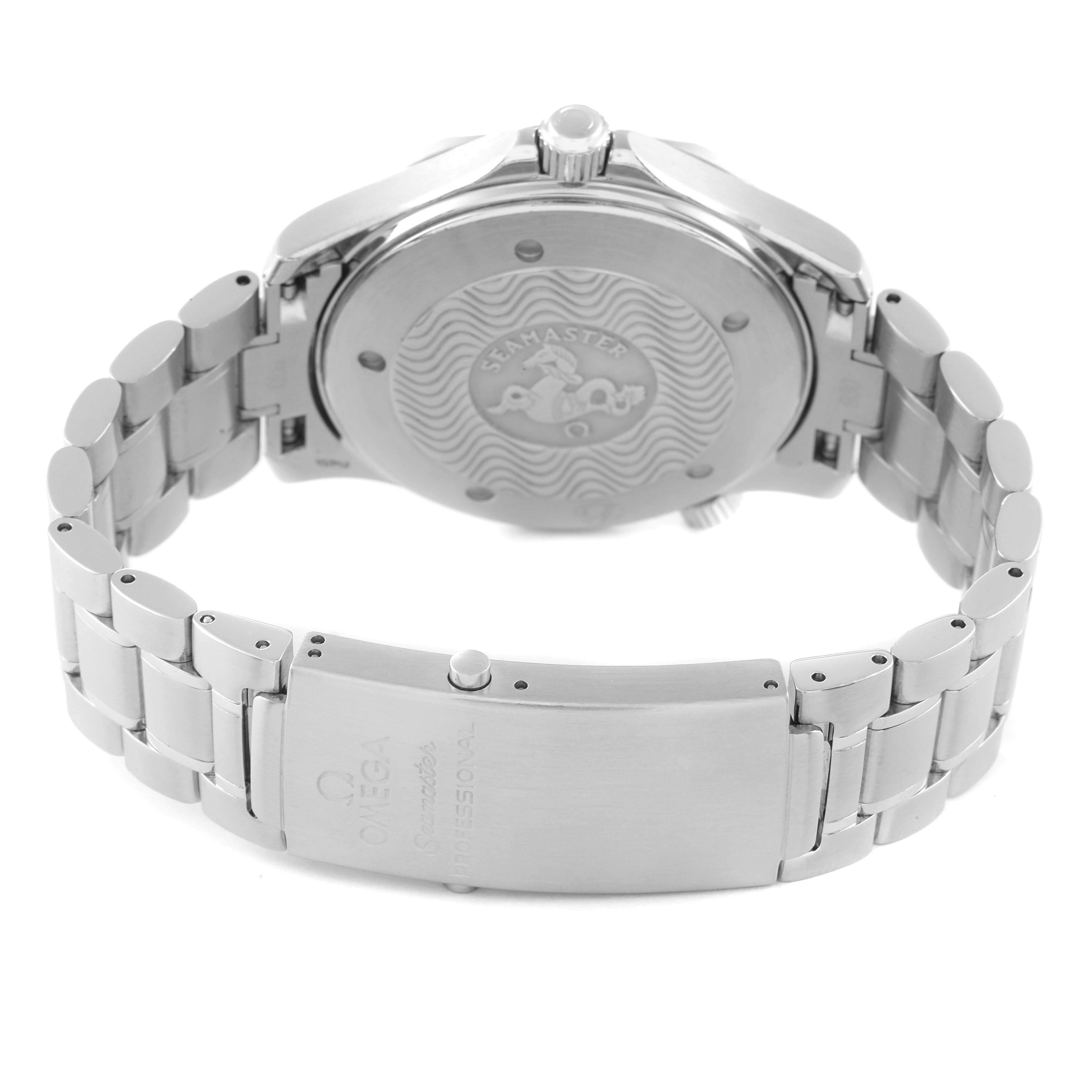 The image shows the back case and clasp of an Omega Seamaster 2255.80.00 Men's Stainless Steel Blue Dial 2255.80.00 Men's Stainless Steel Blue Dial watch from a rear angle.