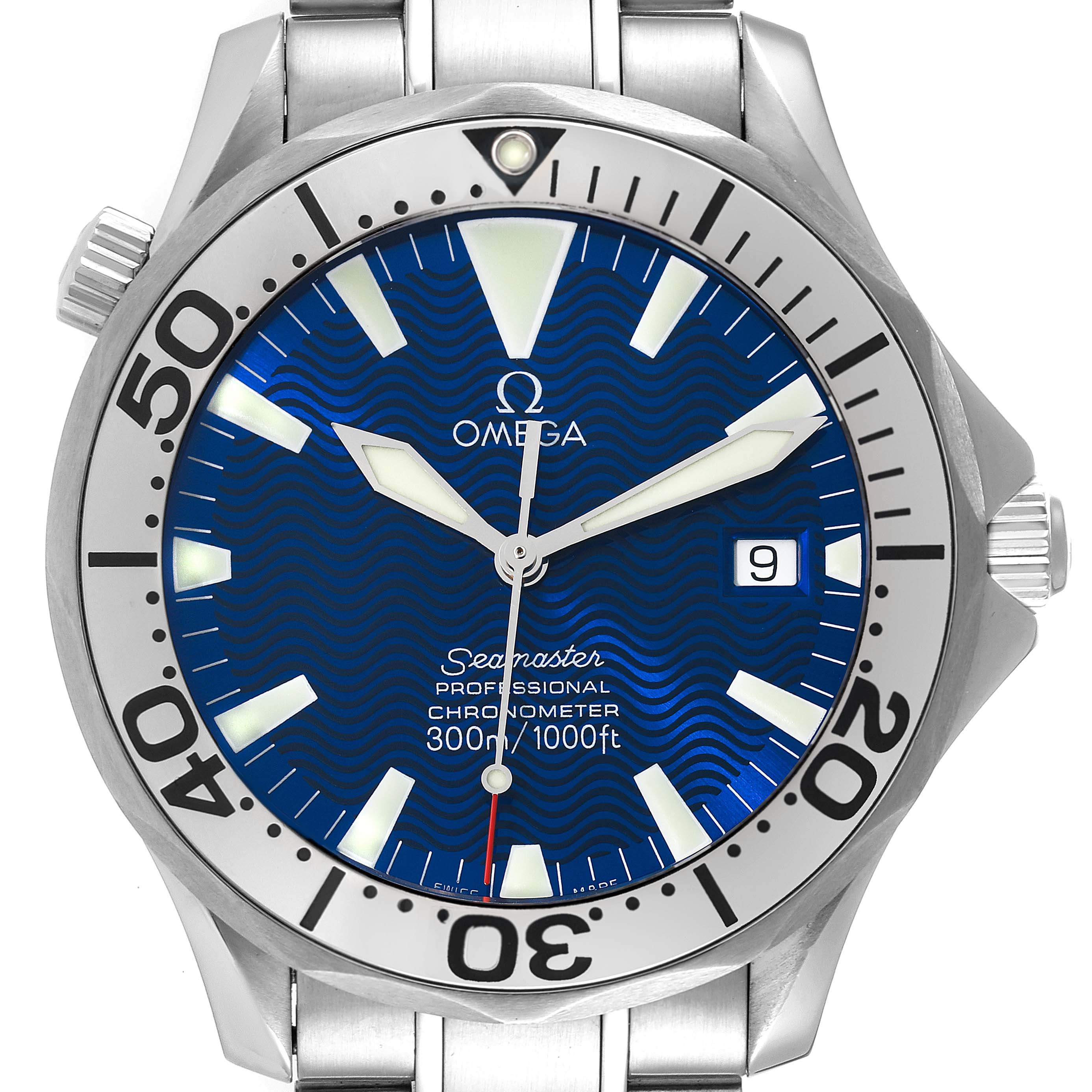 This front-facing image shows the Omega Seamaster 2255.80.00 Men's Stainless Steel Blue Dial 2255.80.00 Men's Stainless Steel Blue Dial watch, highlighting its blue dial, stainless steel bezel, and bracelet.