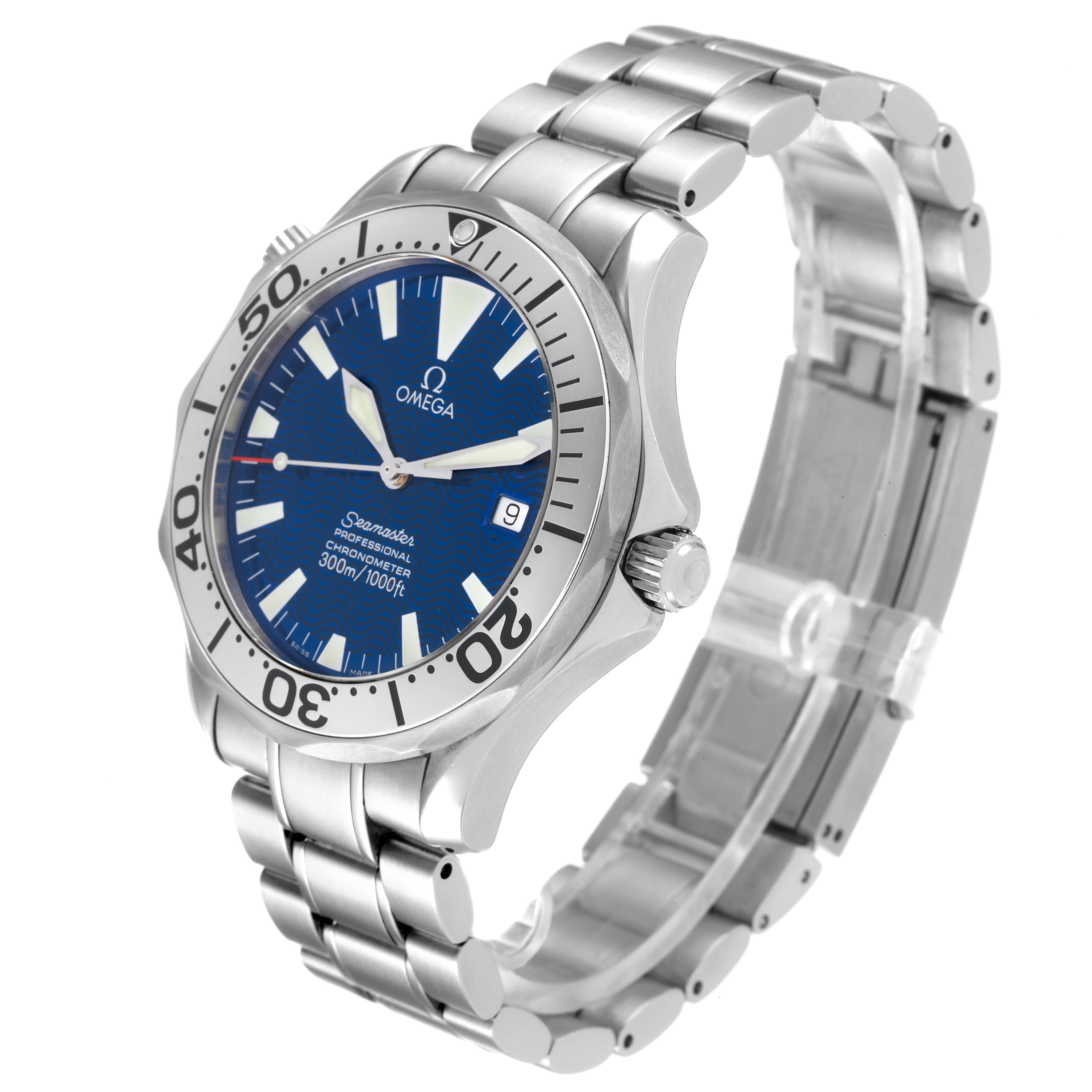 The Omega Seamaster 2255.80.00 Men's Stainless Steel Blue Dial 2255.80.00 Men's Stainless Steel Blue Dial watch is shown at a three-quarter angle, displaying the bezel, dial, date window, crown, and bracelet.