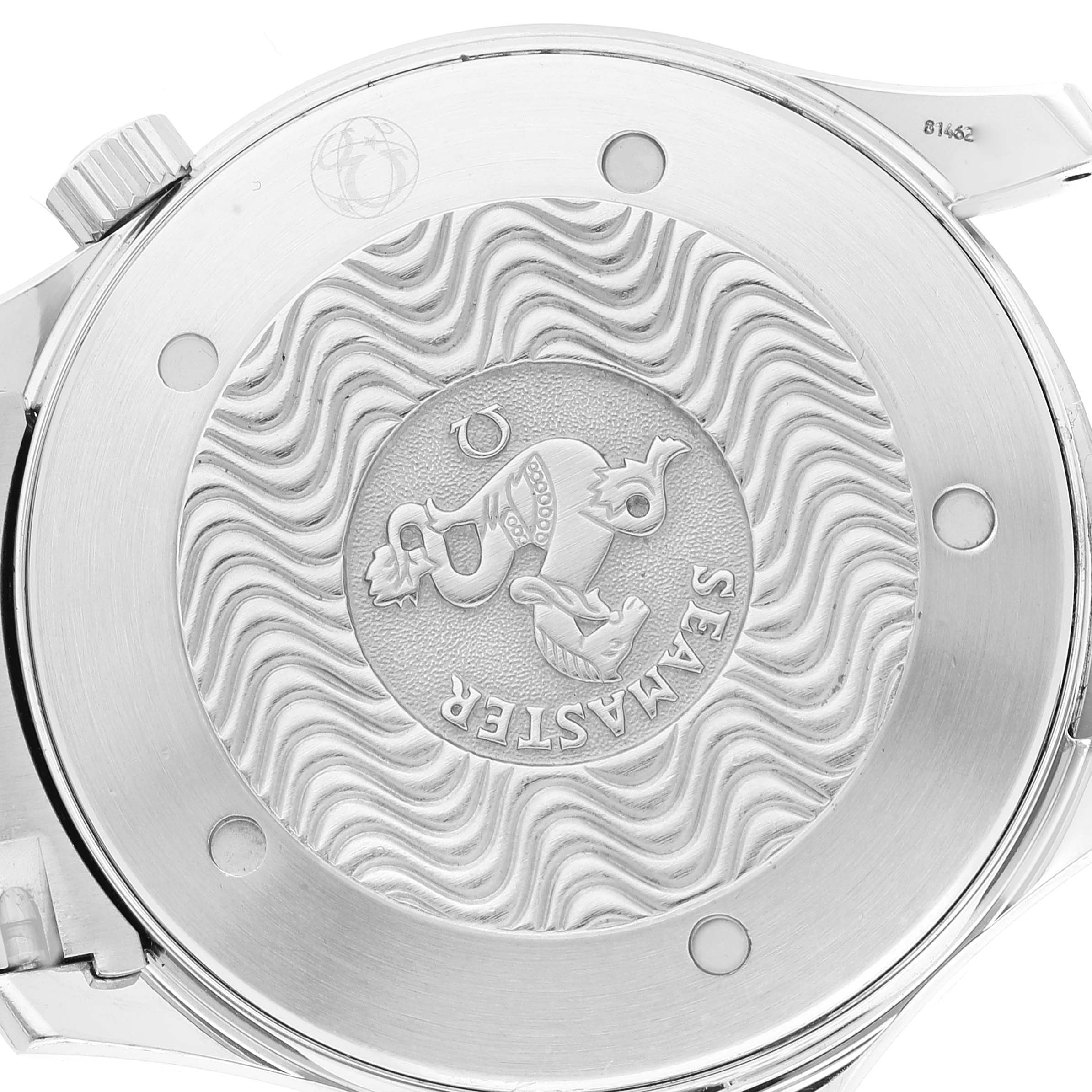 This image shows the back case of the Omega Seamaster 2255.80.00 Men's Stainless Steel Blue Dial 2255.80.00 Men's Stainless Steel Blue Dial watch, featuring its logo and wave-patterned design.