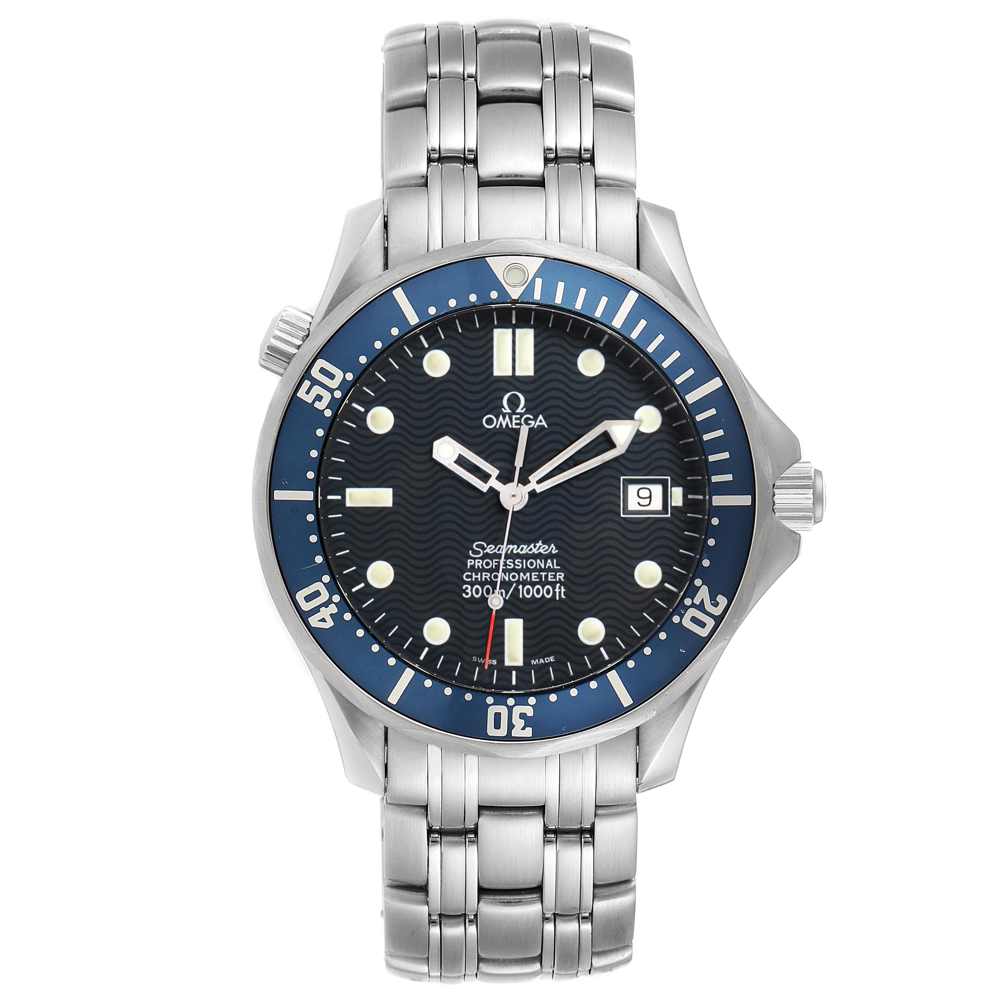 This is a front view of an Omega Seamaster 2531.80.00 Men's Stainless Steel Blue Dial 2531.80.00 Men's Stainless Steel Blue Dial watch showing the dial, bezel, bracelet, and date window.