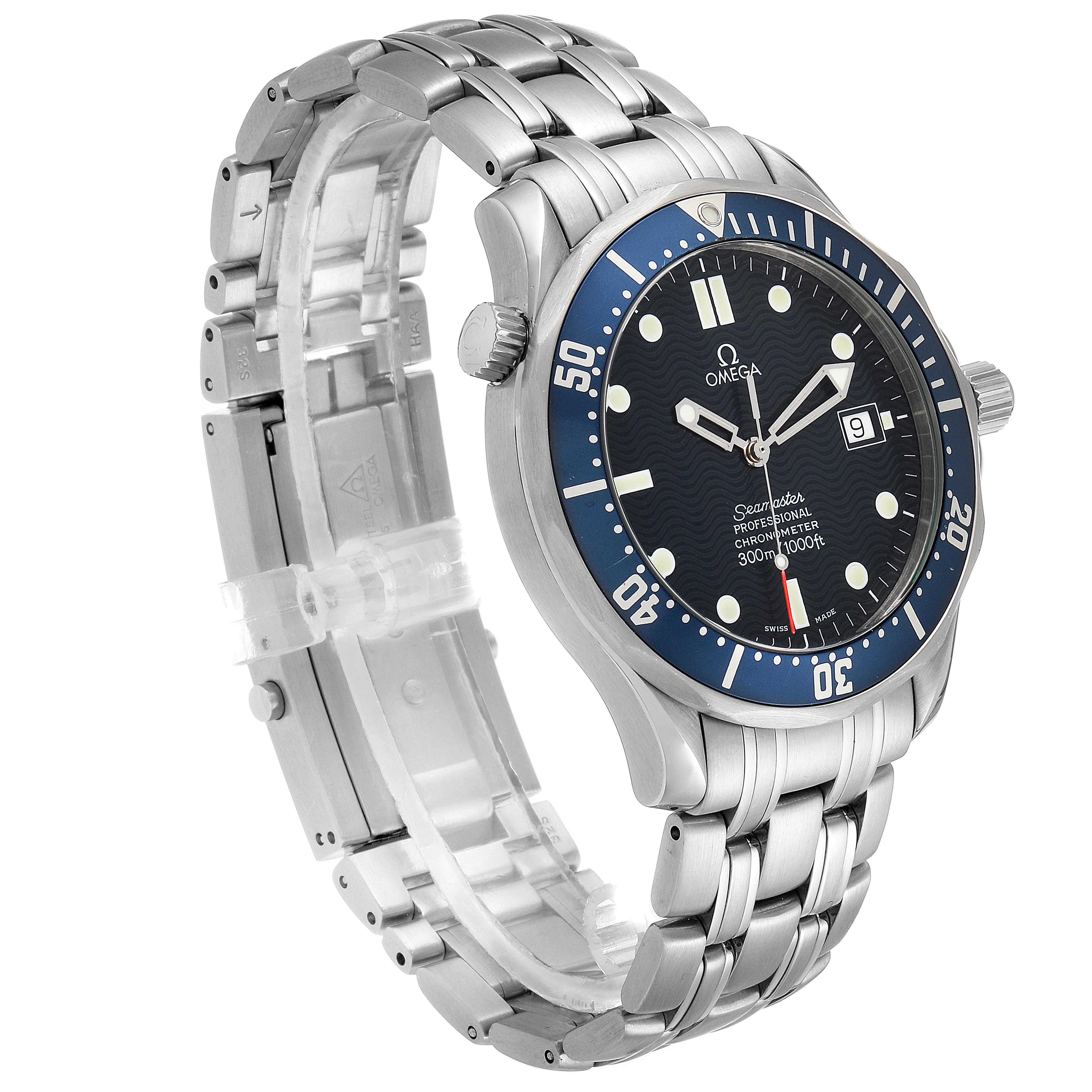 The Omega Seamaster 2531.80.00 Men's Stainless Steel Blue Dial 2531.80.00 Men's Stainless Steel Blue Dial watch is shown at a slight angle, highlighting its face, bezel, bracelet, and clasp.