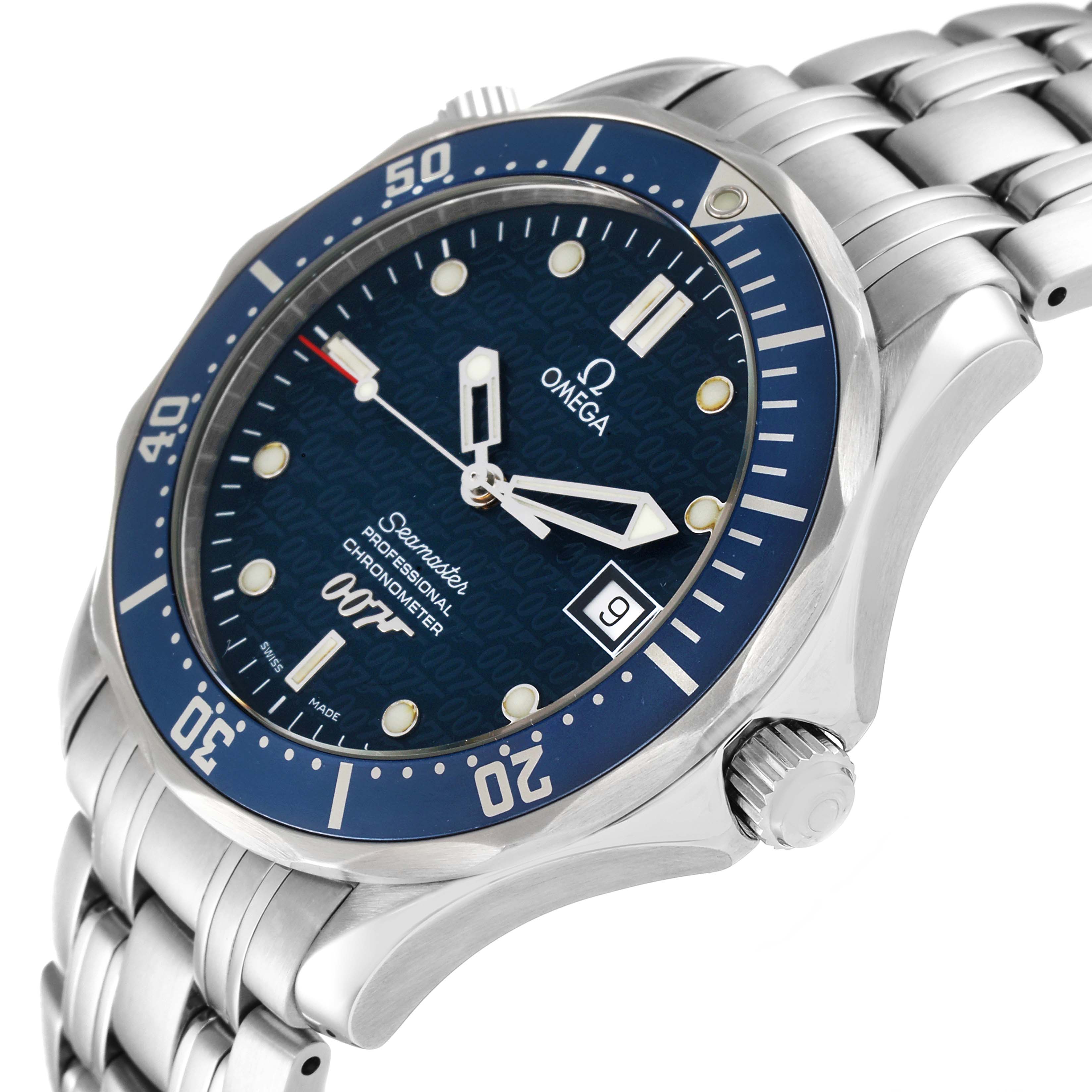 The image shows an angled side view of an Omega Seamaster 2537.80.00 Men's Stainless Steel Blue Dial 2537.80.00 Men's Stainless Steel Blue Dial watch, highlighting the face, bezel, crown, and part of the bracelet.