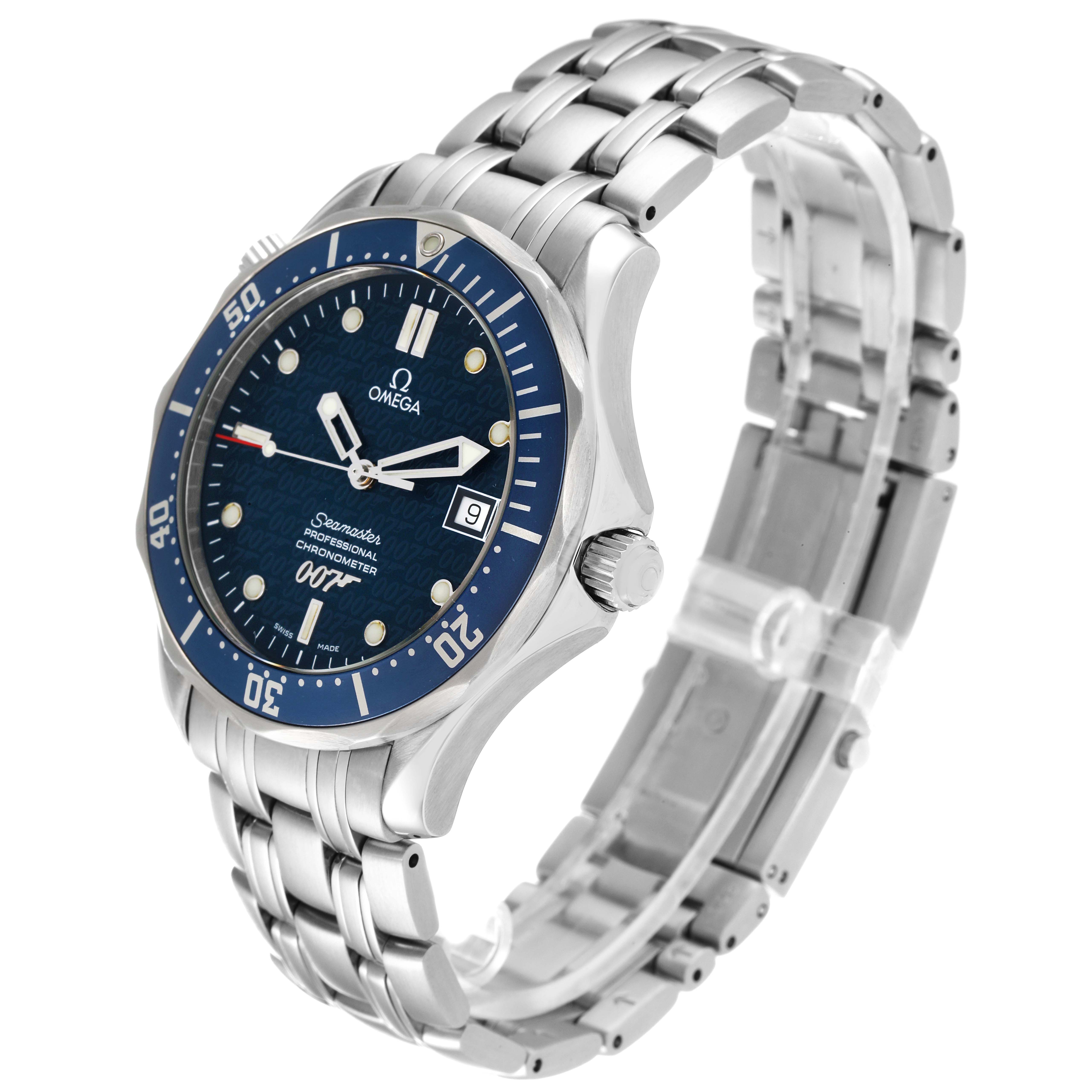 The Omega Seamaster 2537.80.00 Men's Stainless Steel Blue Dial 2537.80.00 Men's Stainless Steel Blue Dial watch is shown at an angled side view, displaying the face, bezel, crown, and stainless steel bracelet.