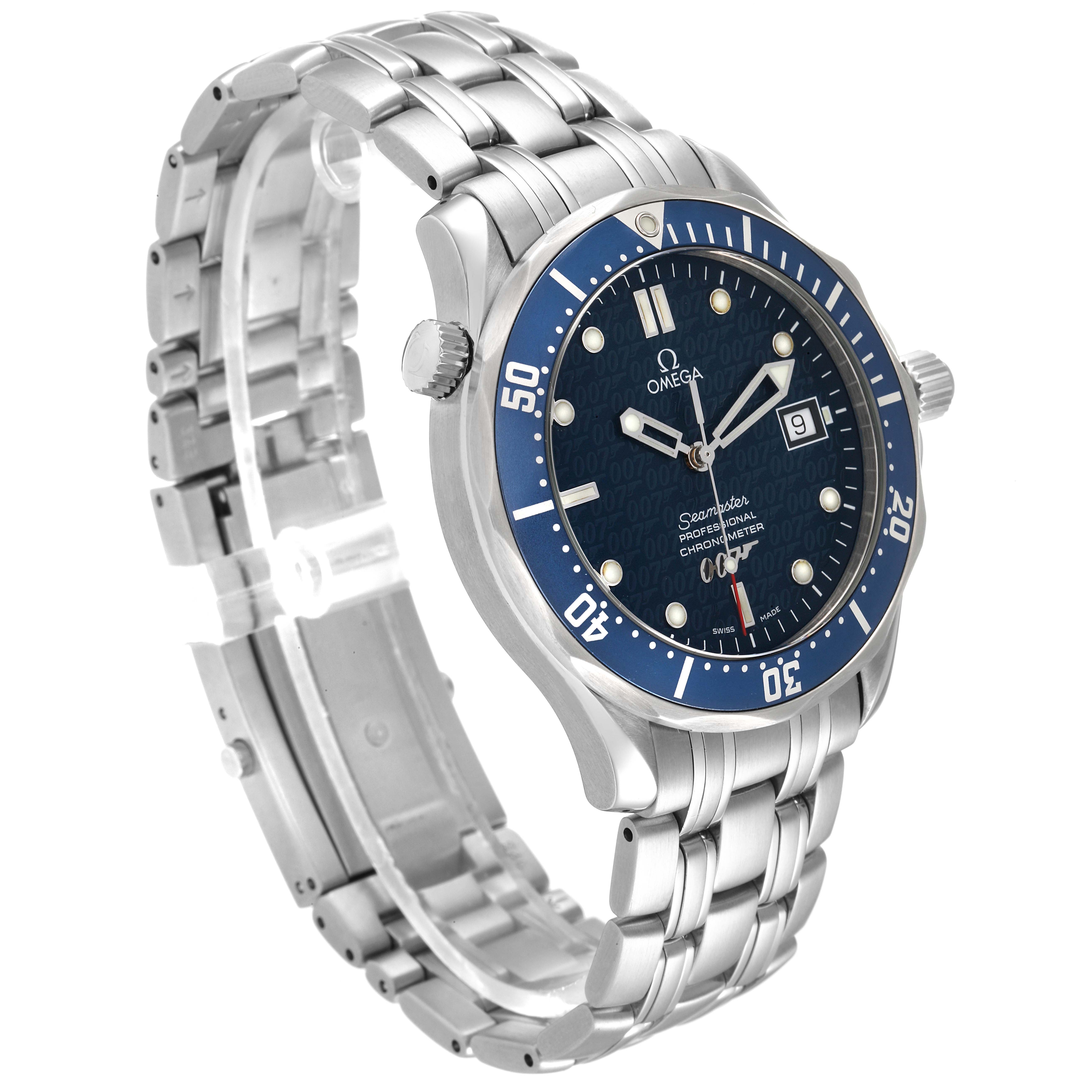 The image shows an Omega Seamaster 2537.80.00 Men's Stainless Steel Blue Dial 2537.80.00 Men's Stainless Steel Blue Dial watch at an angle, highlighting its blue dial, bezel, and stainless steel bracelet.