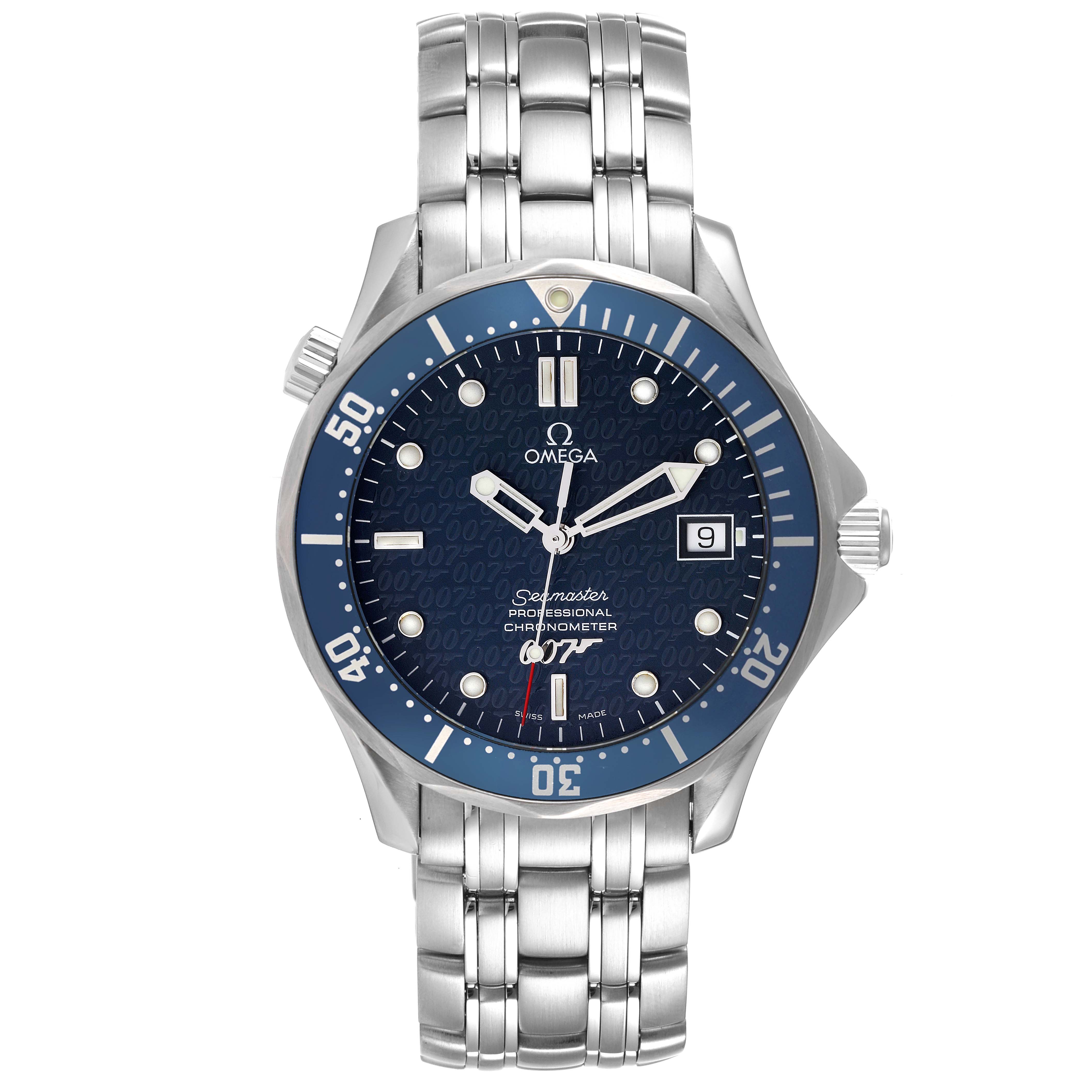 The image shows a front view of an Omega Seamaster 2537.80.00 Men's Stainless Steel Blue Dial 2537.80.00 Men's Stainless Steel Blue Dial watch, highlighting its dial, bezel, date window, and metal bracelet.