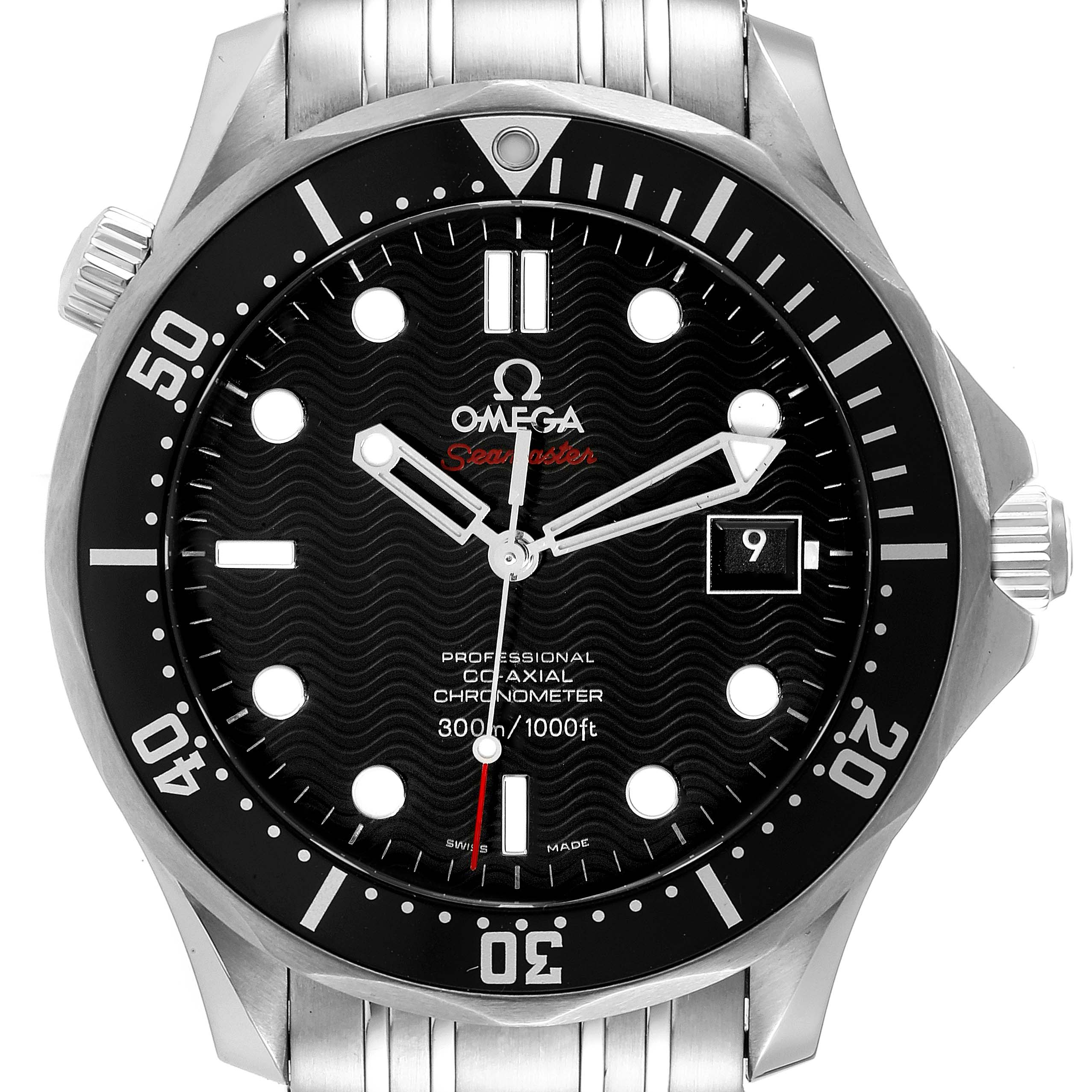 The image shows a front view of the Omega Seamaster 212.30.41.20.01.002 Men's Stainless Steel Black Dial 212.30.41.20.01.002 Men's Stainless Steel Black Dial watch, highlighting the dial, bezel, and stainless steel bracelet.