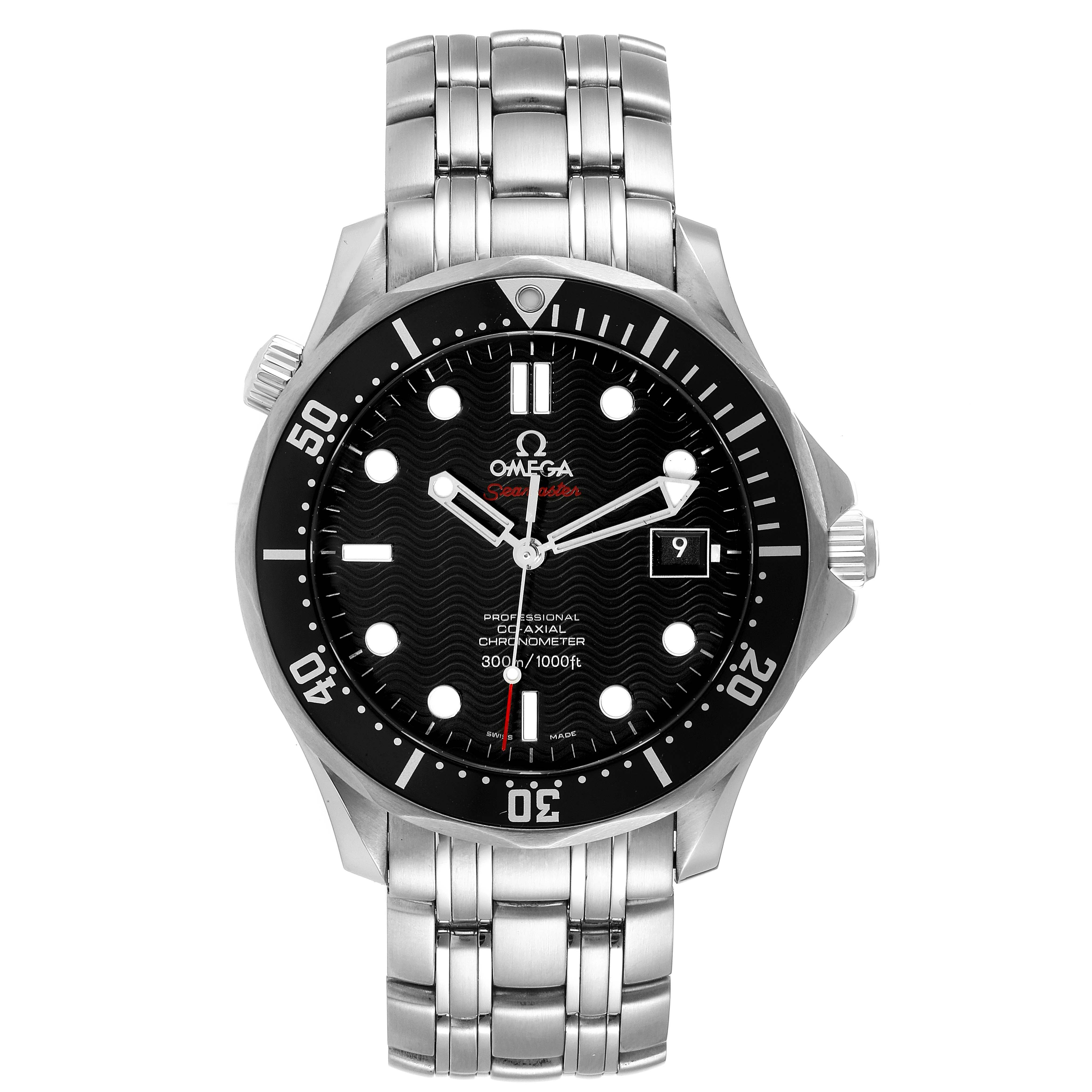 This image shows a front view of an Omega Seamaster 212.30.41.20.01.002 Men's Stainless Steel Black Dial 212.30.41.20.01.002 Men's Stainless Steel Black Dial watch, highlighting its black dial, silver bezel, and metal bracelet.