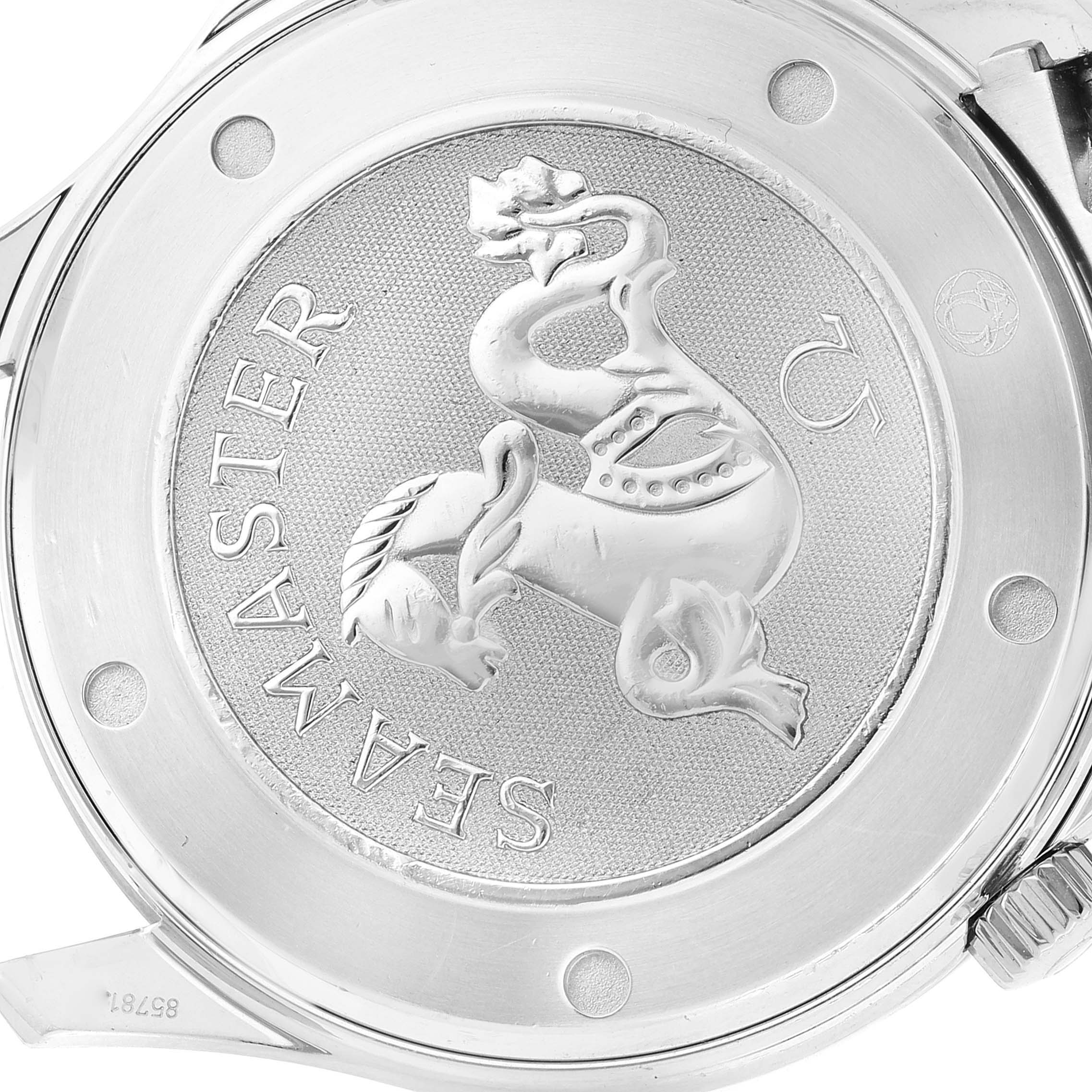 The image shows the back of an Omega Seamaster 212.30.41.20.01.002 Men's Stainless Steel Black Dial 212.30.41.20.01.002 Men's Stainless Steel Black Dial watch, highlighting its engraved medallion and screw-down case back.